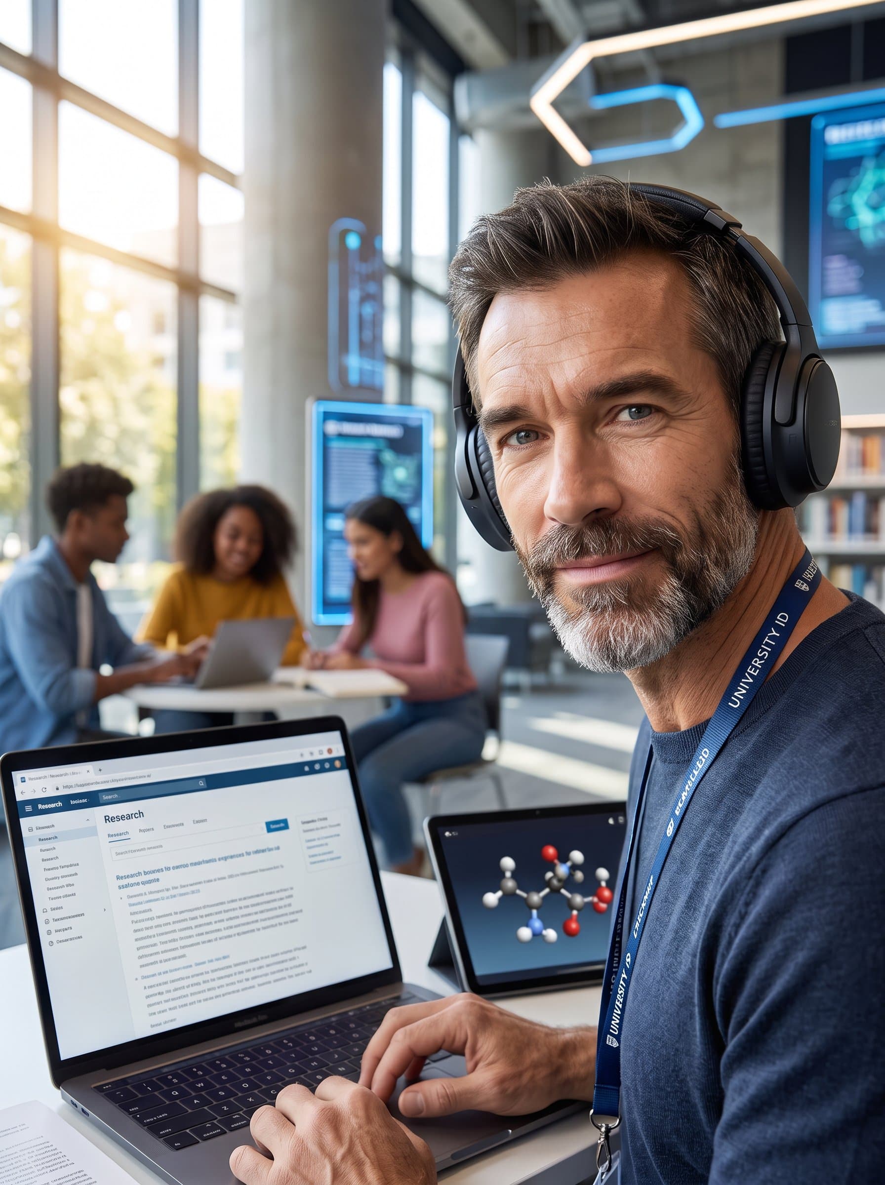 Evolve a headshot of a student with headphones, in a tech-friendly environment, symbolizing the integration of modern technology in education.