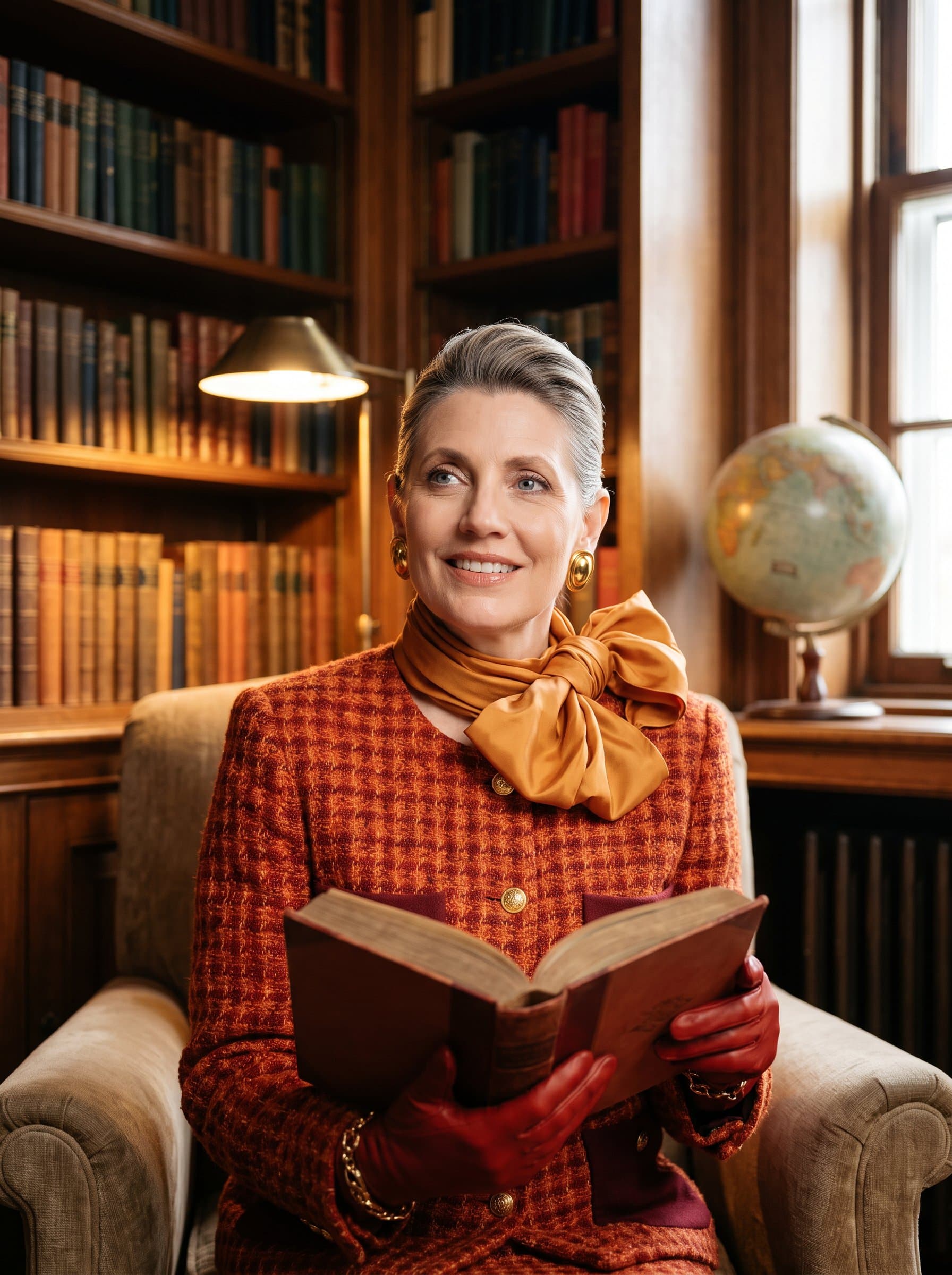 Develop a headshot showcasing a librarian in a cozy corner of a library, surrounded by books, with a gentle smile and a thoughtful gaze.