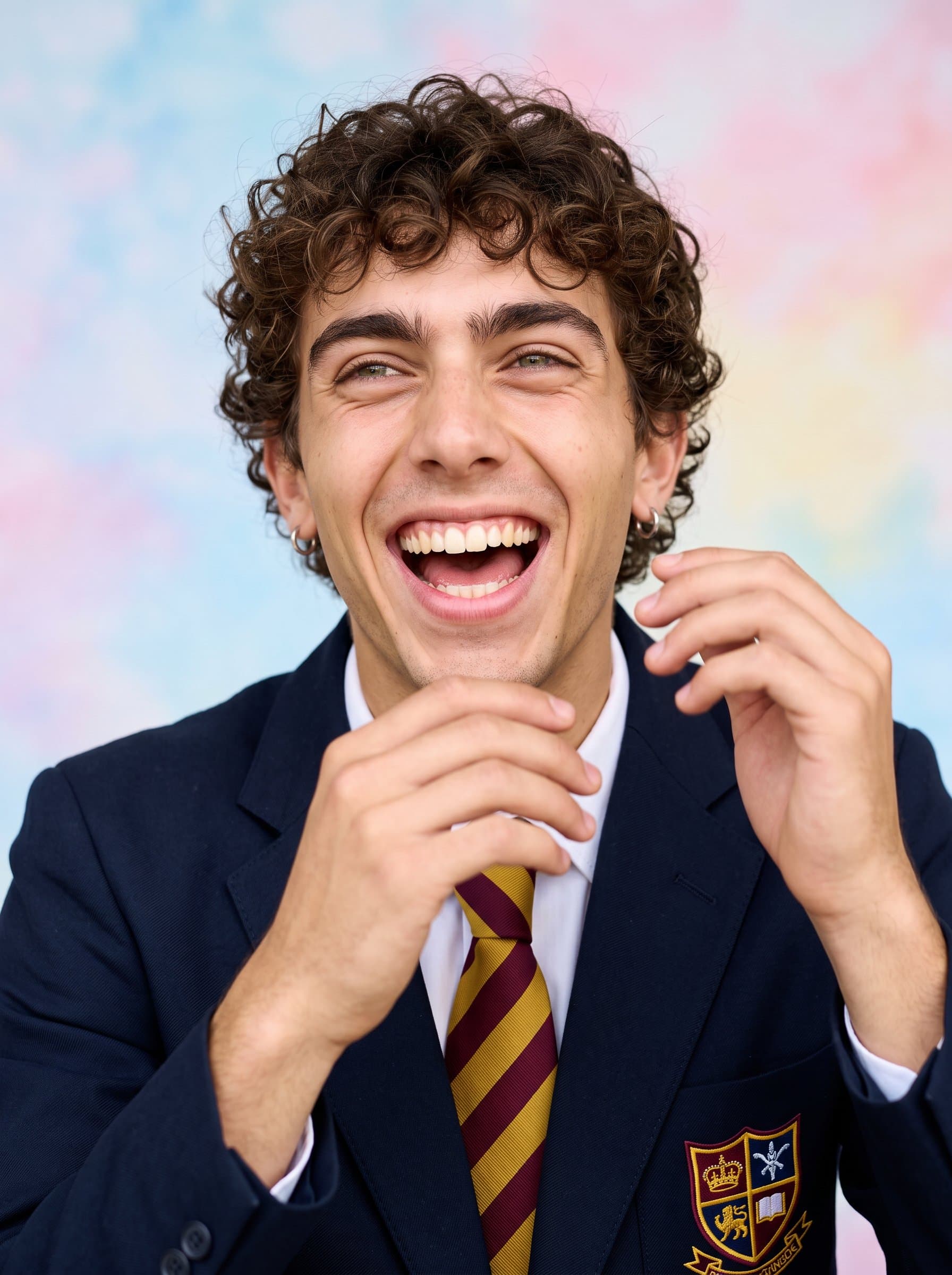 Produce a headshot of a student wearing a school uniform, captured mid-laugh against a soft pastel background, highlighting joy and school spirit.