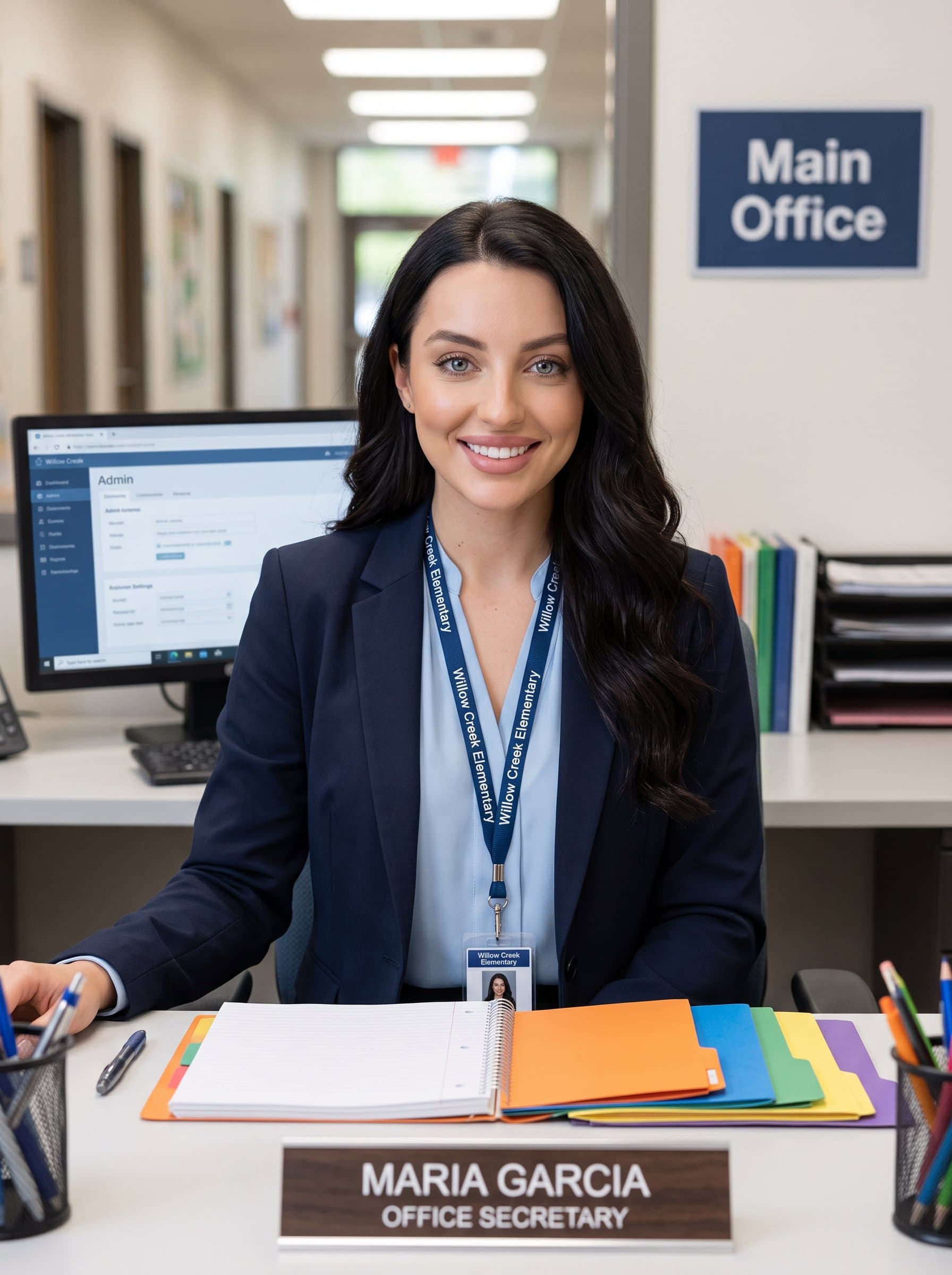 Construct a headshot for a school secretary, with an organized desk setting, displaying efficiency and a welcoming presence.