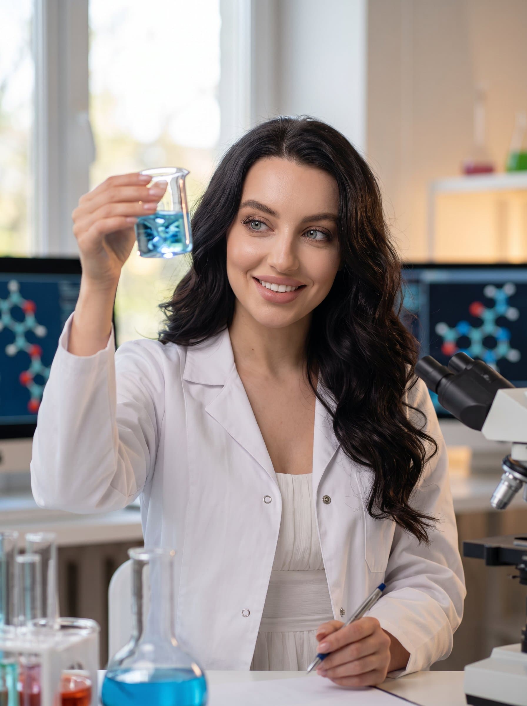 Compose a headshot of a science teacher in a lab coat, with laboratory equipment subtly in the background, emphasizing innovation and curiosity.