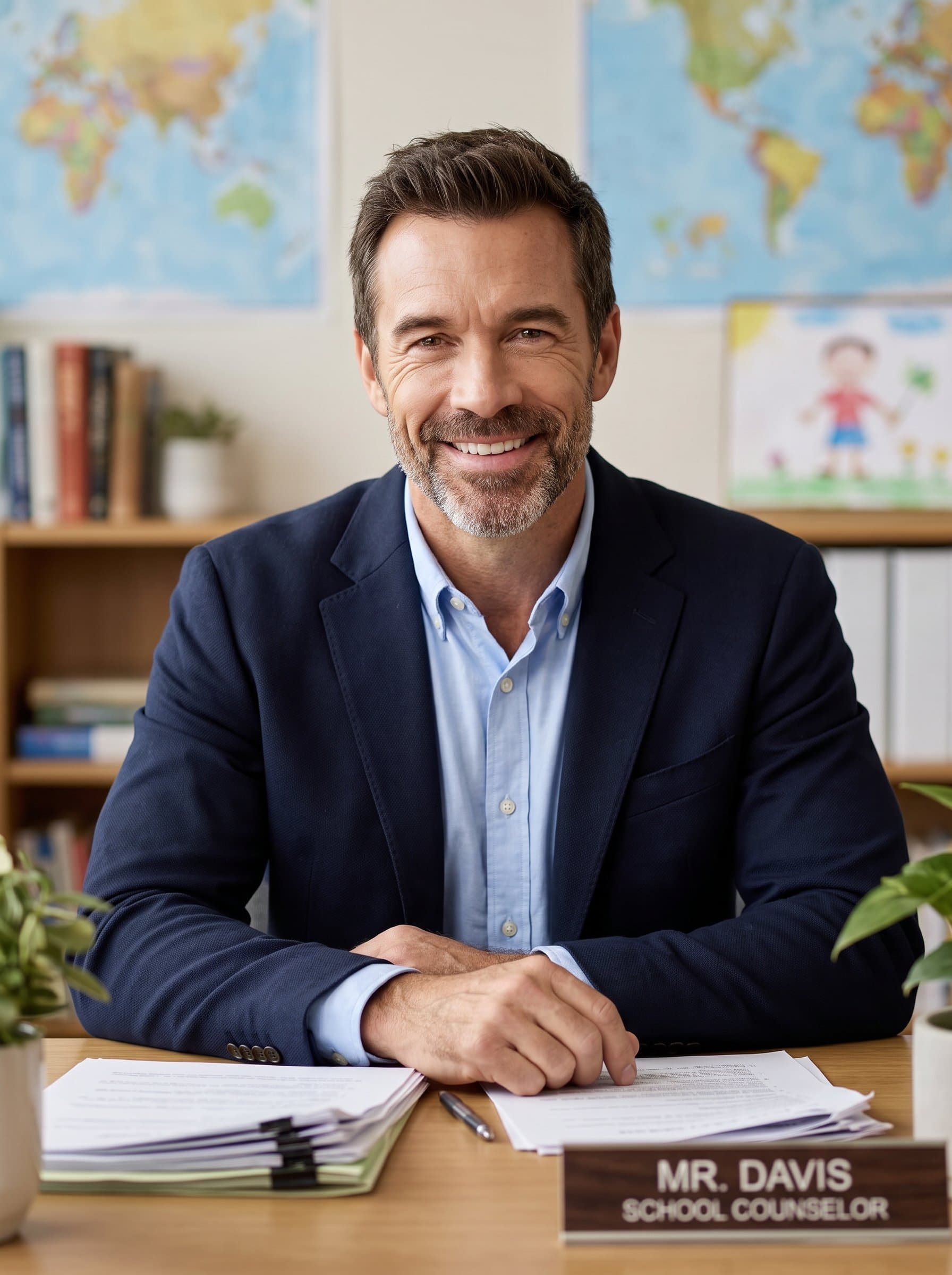 Design a headshot of a school counselor, seated at a desk with a welcoming expression, against a blurred office setting, conveying trust and guidance.