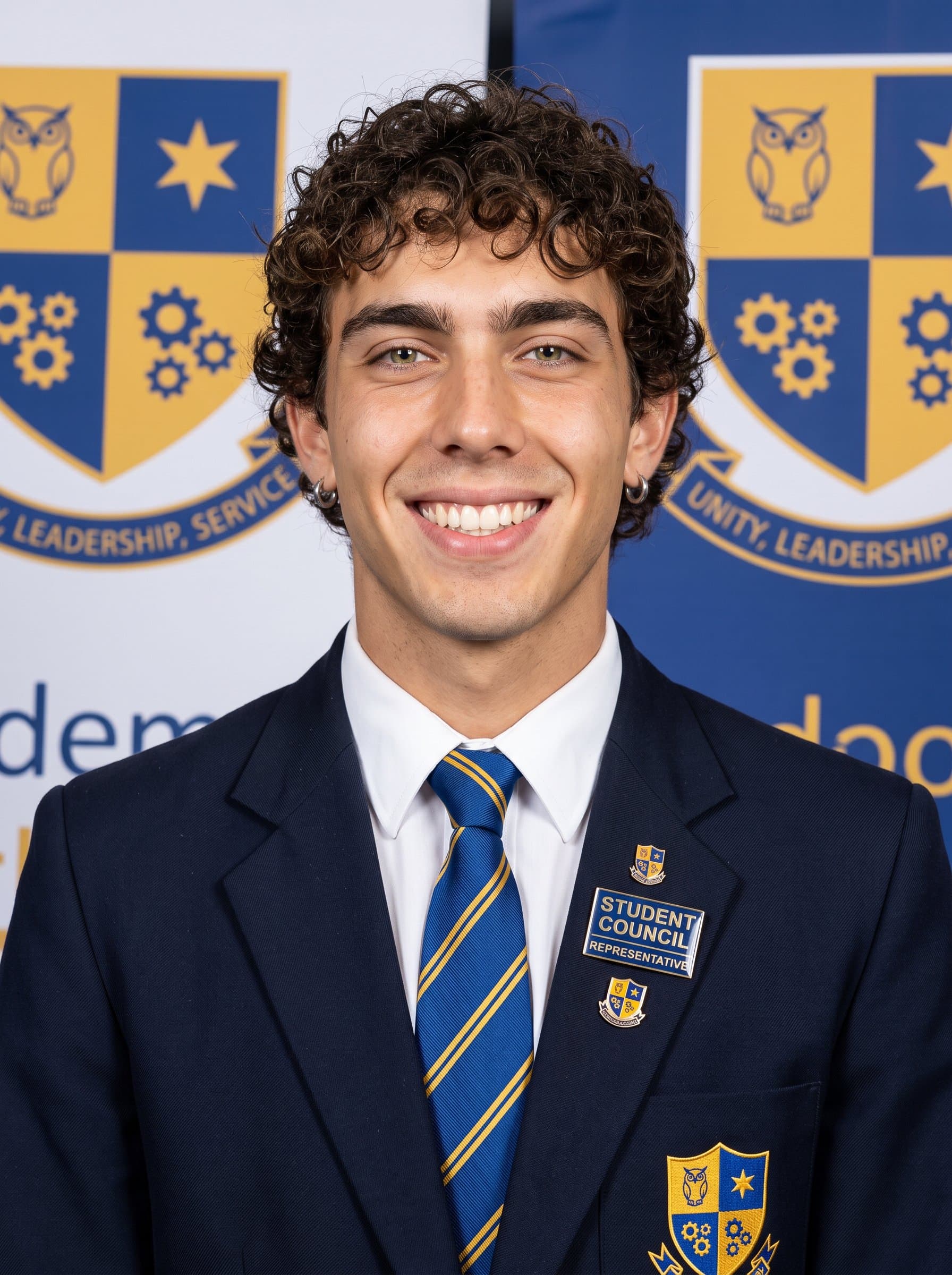 Craft a headshot of a student council representative, with a confident smile, set against a backdrop of school colors and emblematic icons.