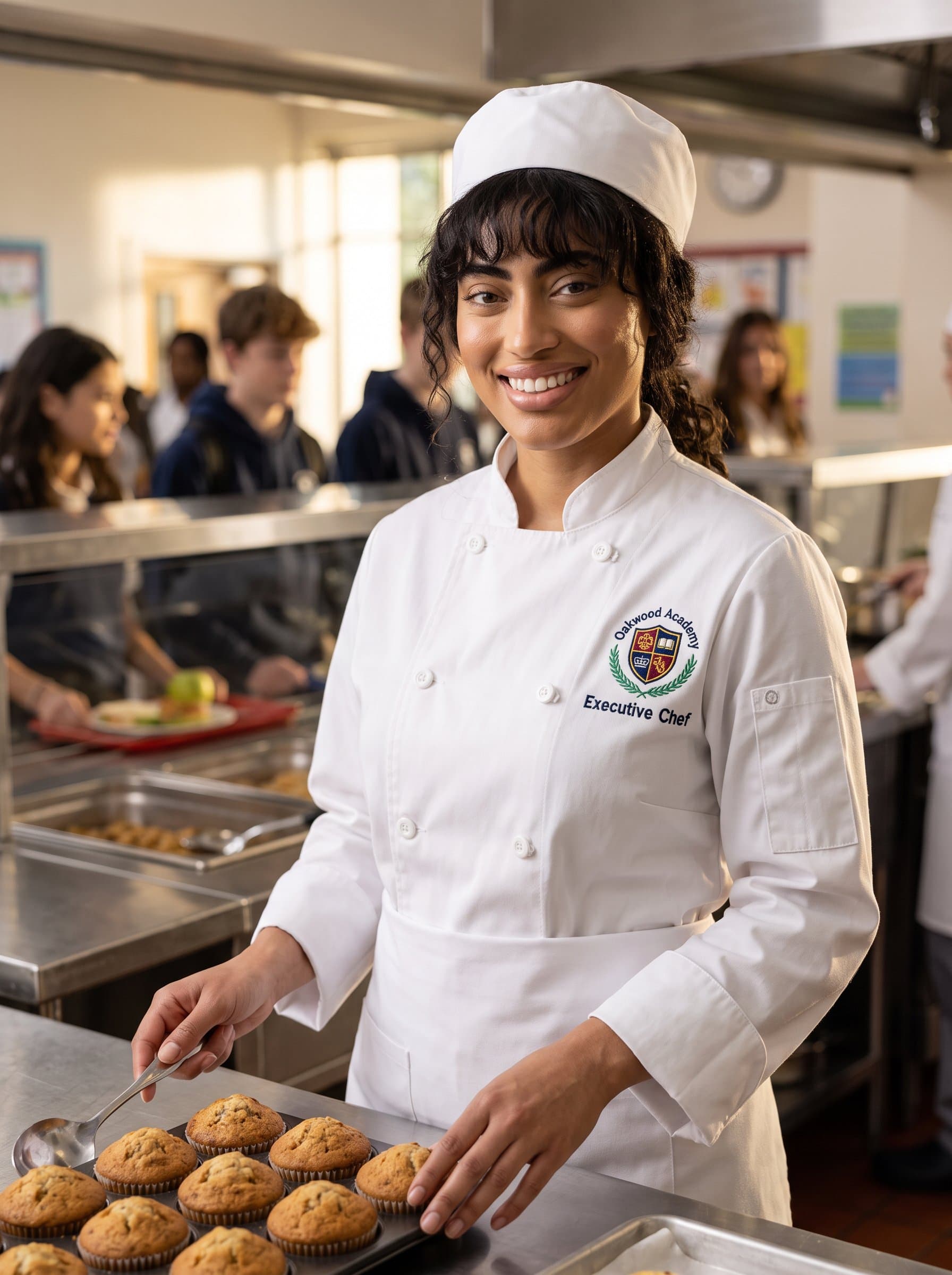 Shape a headshot of a school chef in uniform, with a kitchen backdrop, showcasing culinary expertise and the nurturing aspect of school life.