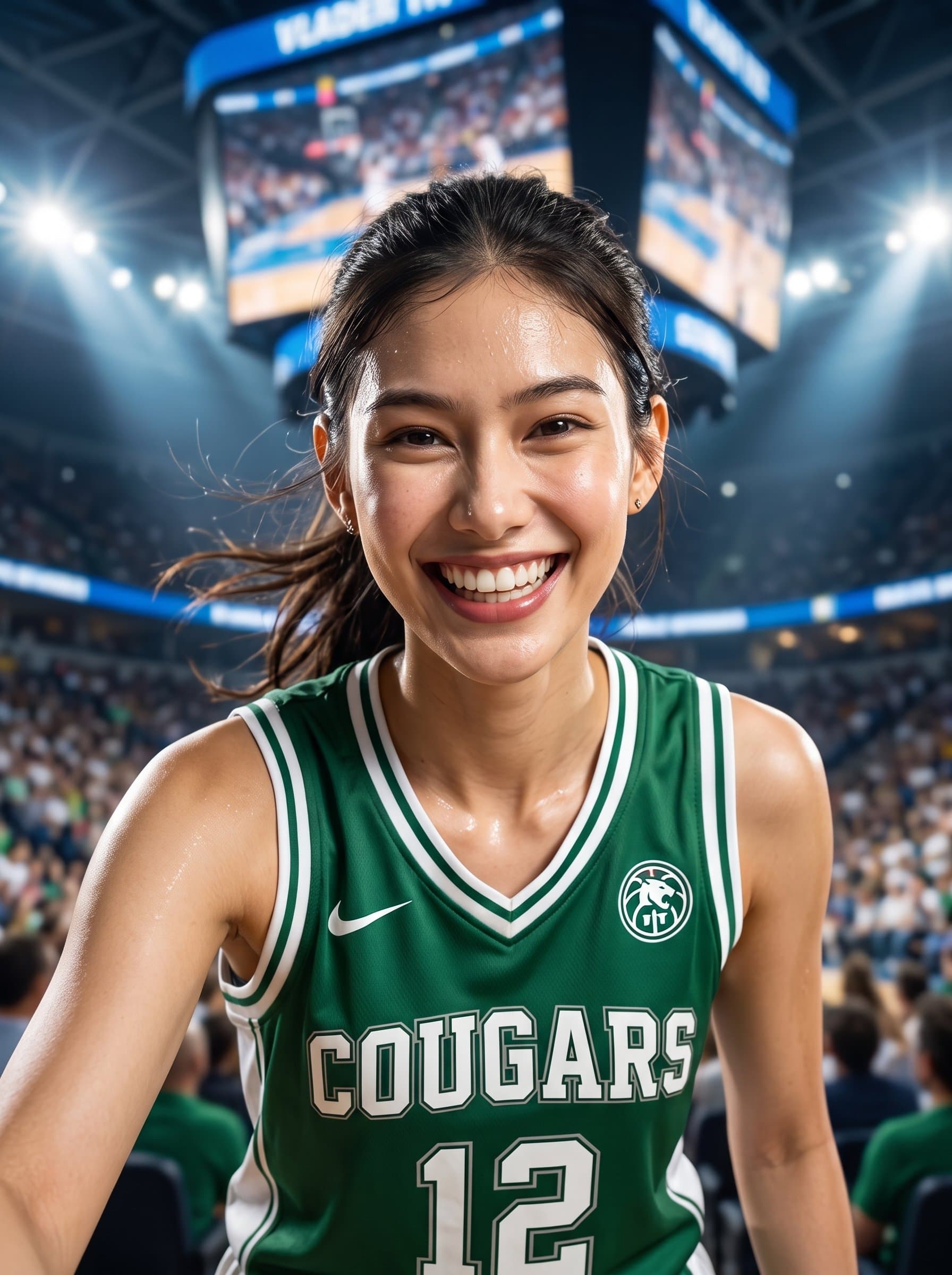 Render a headshot for a student-athlete in a sports jersey, with a dynamic stadium backdrop, portraying energy and team pride.