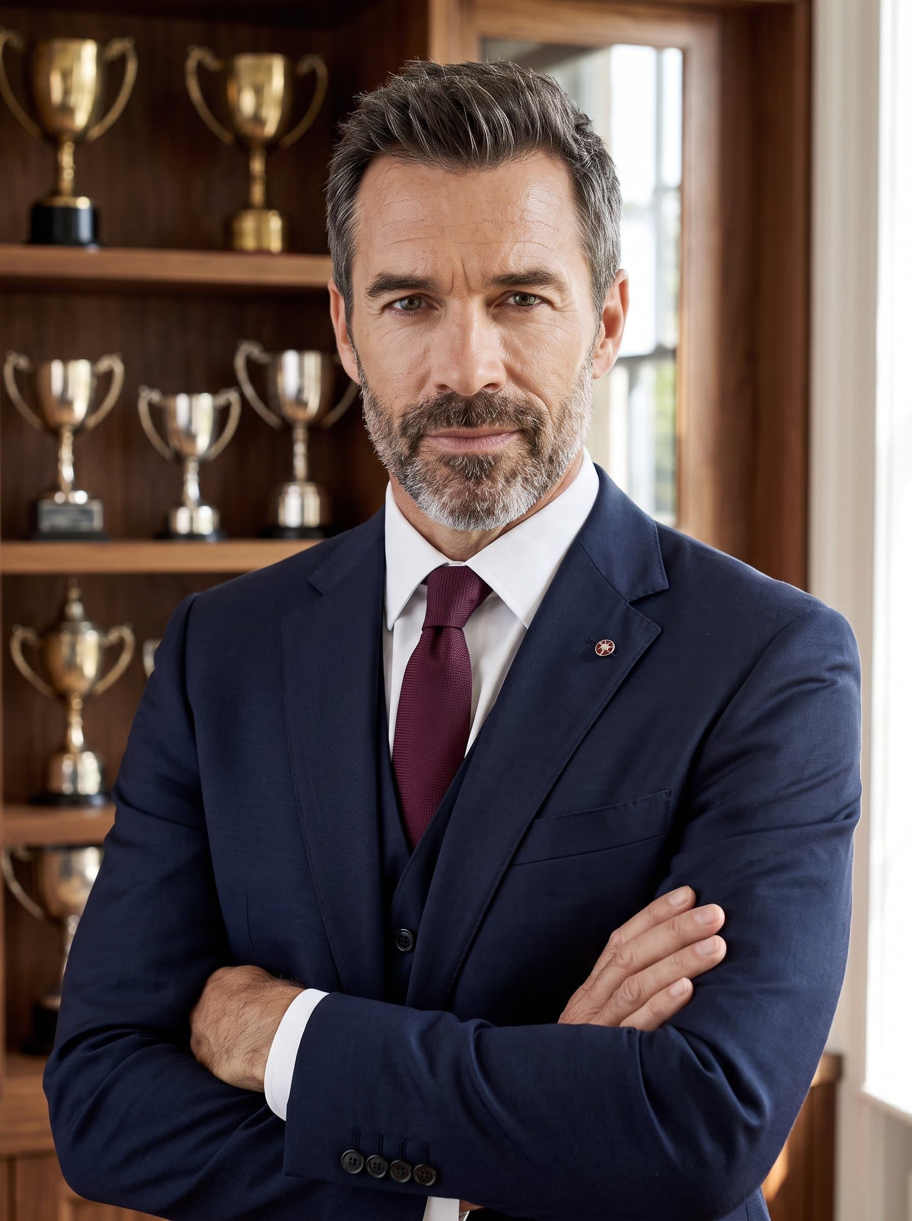 Develop a headshot for a student debater, in a formal attire, against a backdrop of debate trophies, highlighting eloquence and competitive spirit.