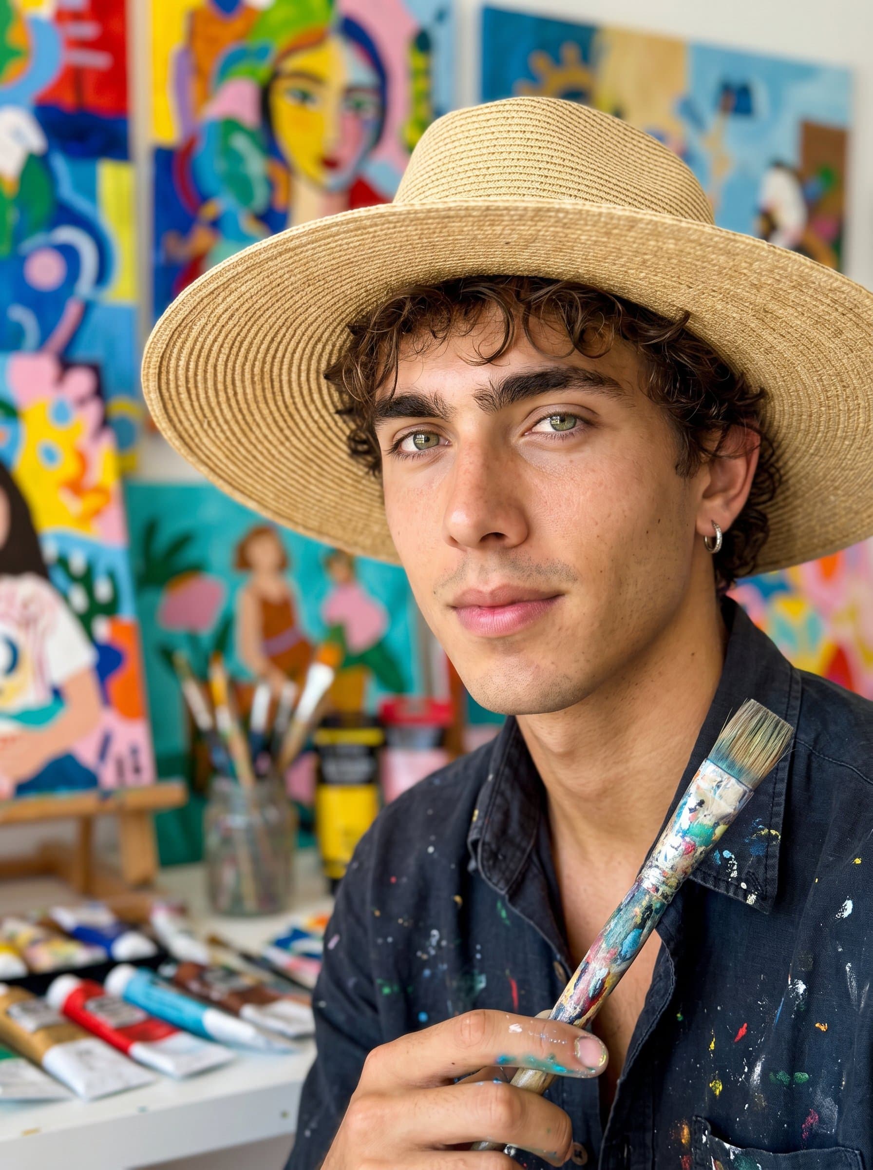 Forge a headshot for a student artist, holding a paintbrush, with colorful artwork behind them, reflecting creativity and artistic expression.