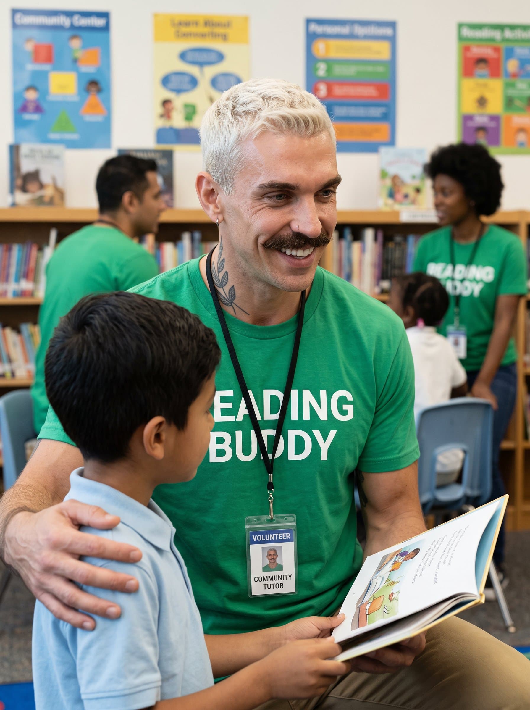 Formulate a headshot of a student volunteer, with a community-oriented backdrop, highlighting empathy and the spirit of service in education.