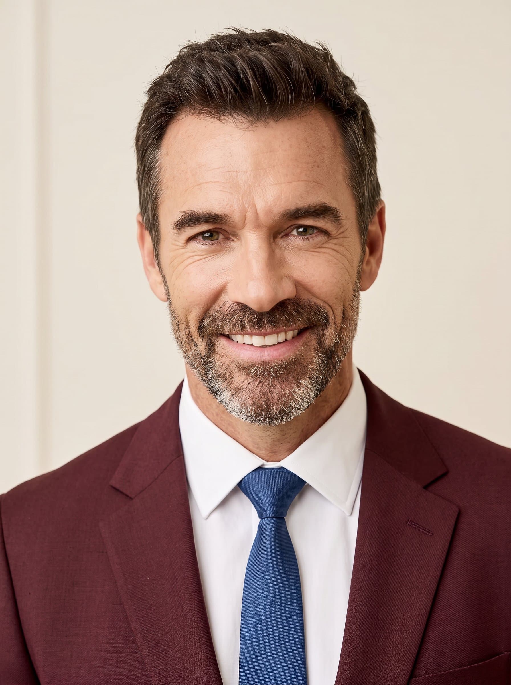 : Craft a headshot of a faculty member in a maroon blazer and blue tie, standing against a neutral cream backdrop. Soft lighting enhances their confident and welcoming expression for an academic setting.