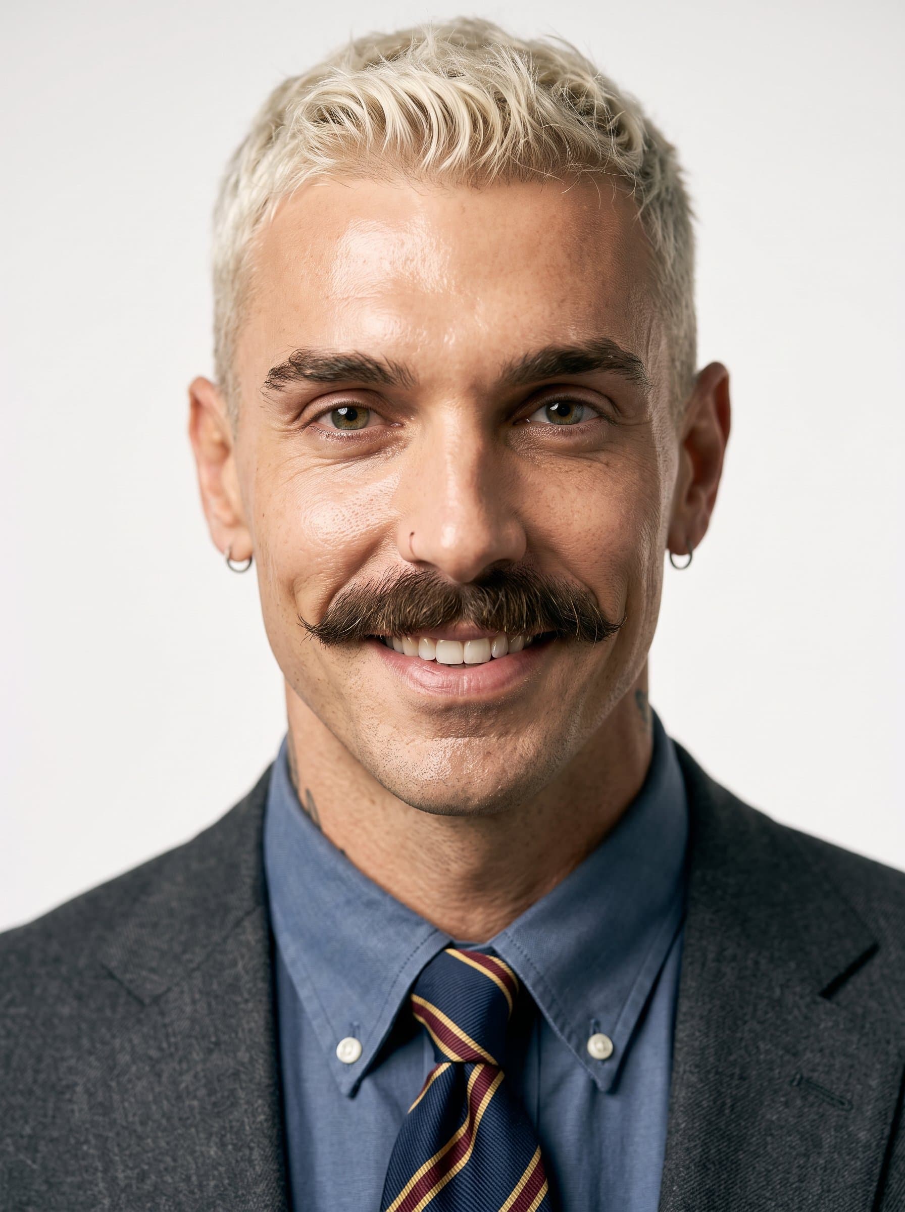 : Illustrate a university faculty headshot with a man wearing a muted blue shirt and a classic tie. The backdrop is neutral white with warm lighting, projecting a sure and scholarly presence.