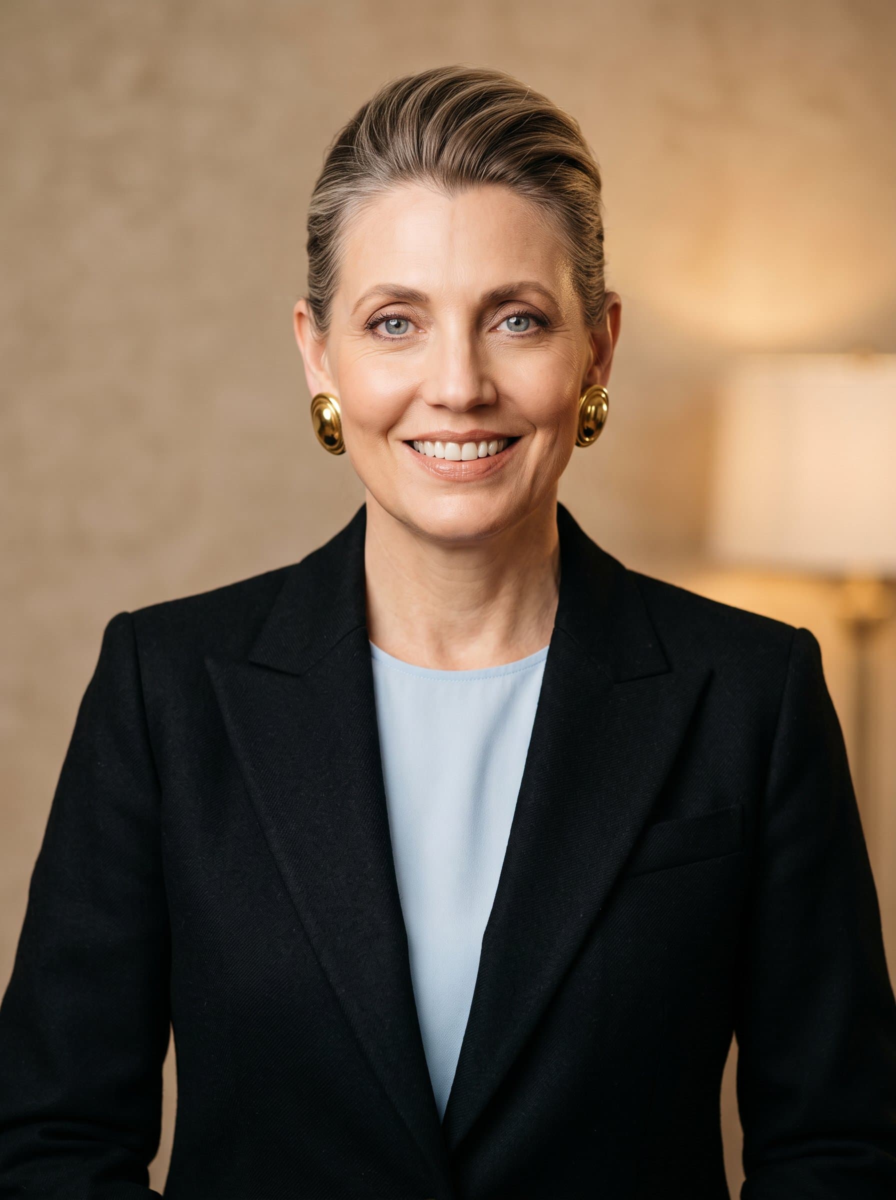 : Develop a headshot of a faculty member in a sleek black jacket over a pastel shirt, against a soft beige background. Warm lighting highlights a confident and knowledgeable expression for academic platforms.