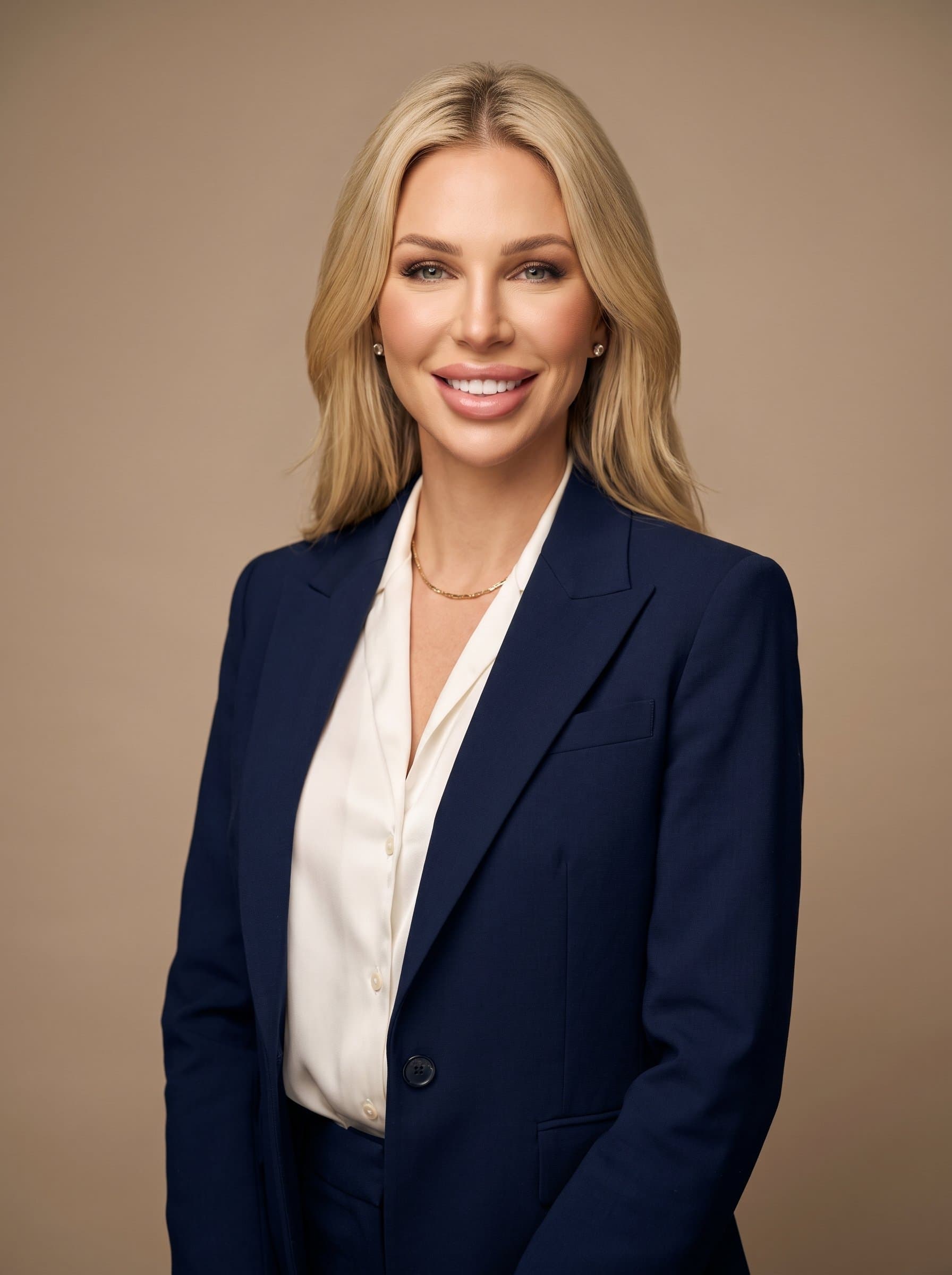 : Assemble a university faculty headshot with a woman in professional attire, a neutral tan background, and soft warm light. Capture their confident and welcoming expression for a digital academic profile.