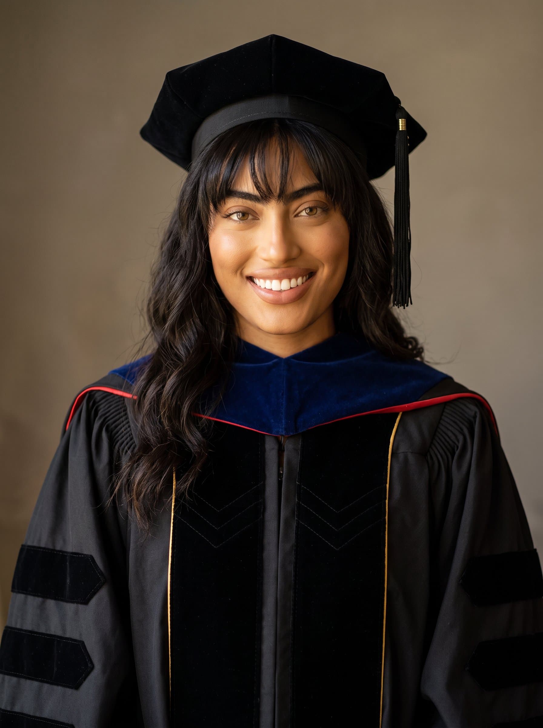 : Render a headshot featuring a faculty member in formal academic attire, with a subtle warm grey background. The lighting is cozy, emphasizing confidence and approachability for university use.