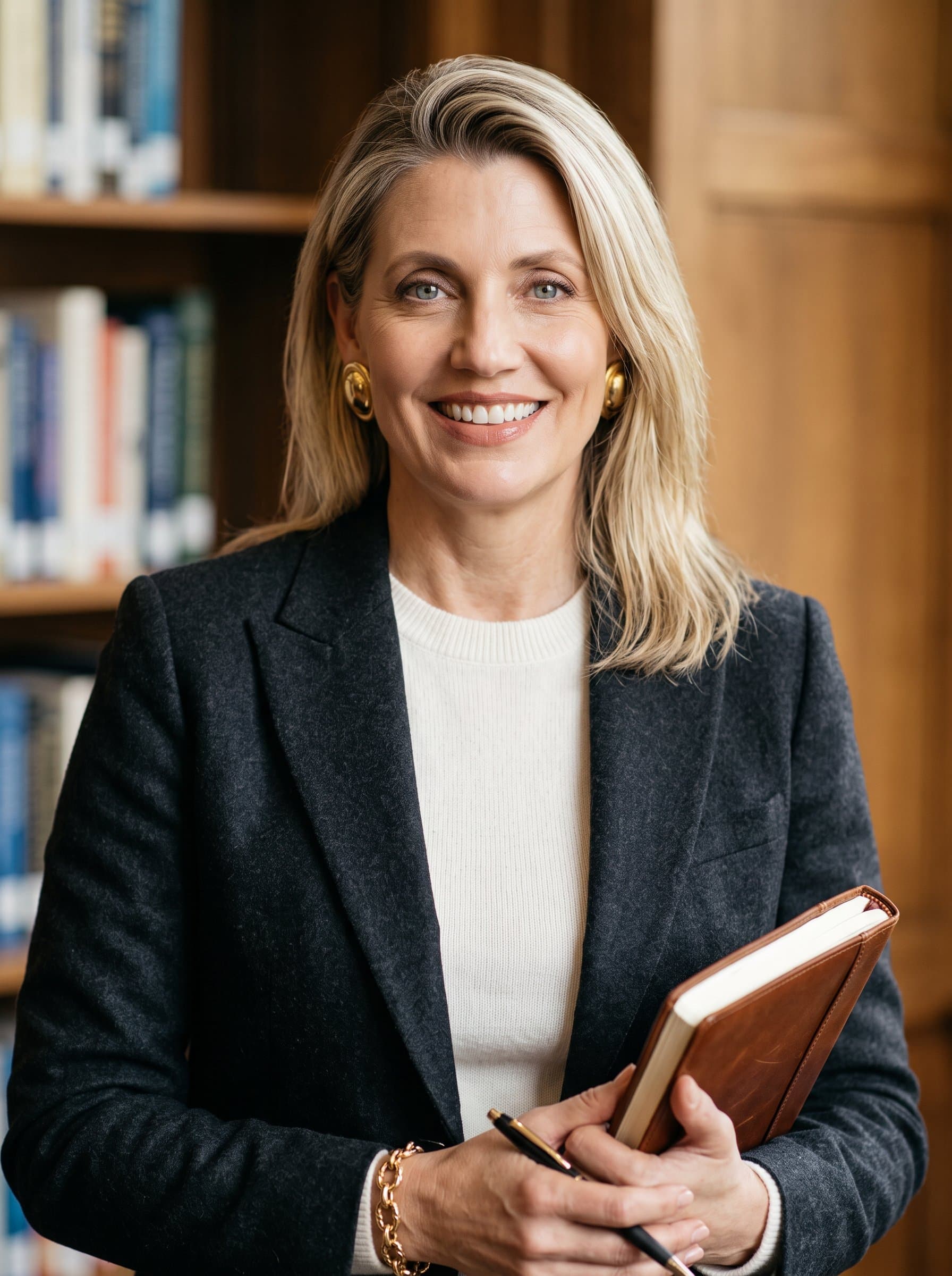 : Develop a faculty headshot with a woman in a charcoal blazer over a soft white sweater, set against a calming neutral background. Warm lighting highlights their inviting smile and academic confidence.