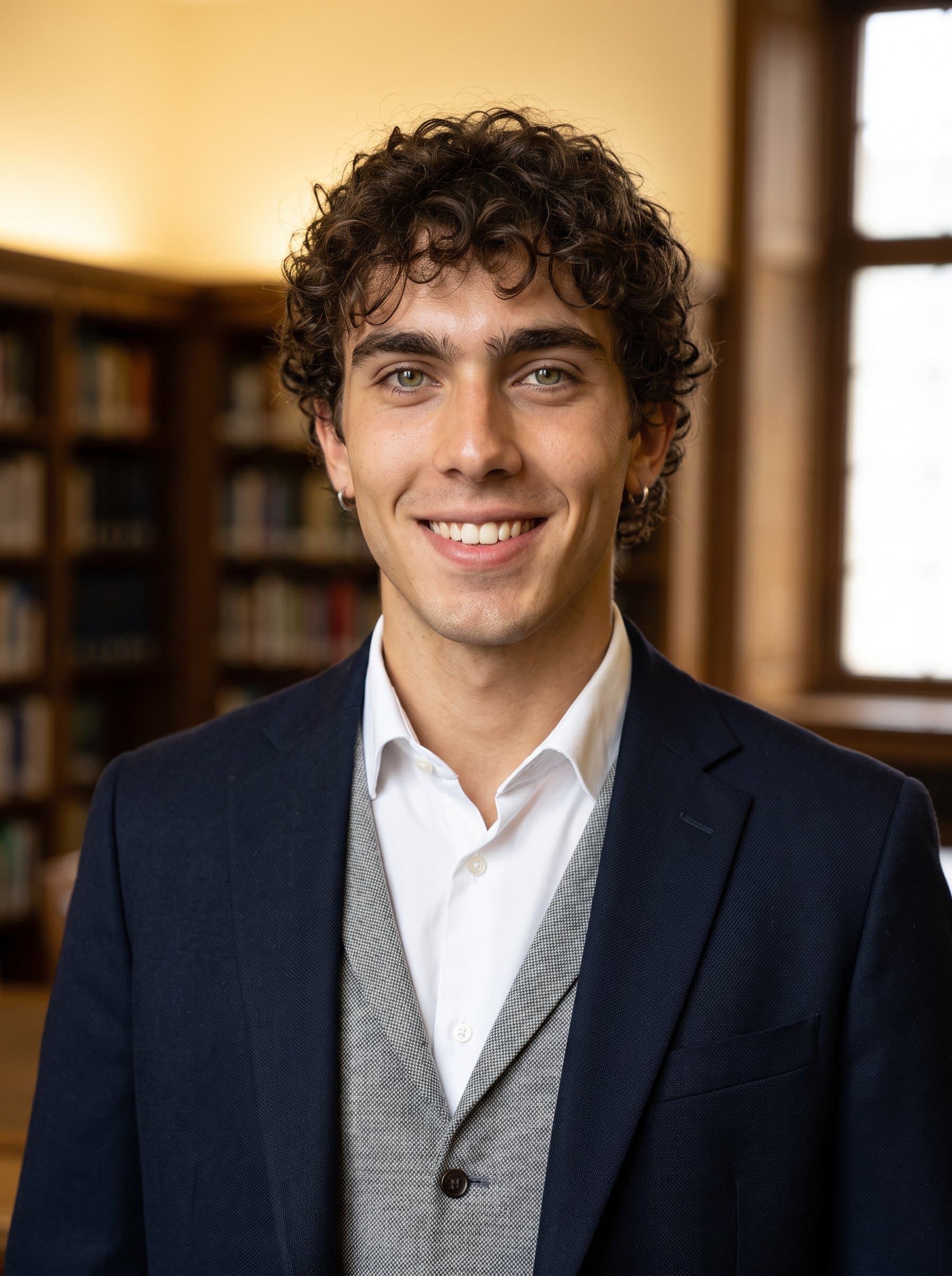 : Craft a headshot for a university member in a relaxed yet professional outfit, with a warm, understated background. Capture a confident, scholarly expression illuminated by inviting lighting.