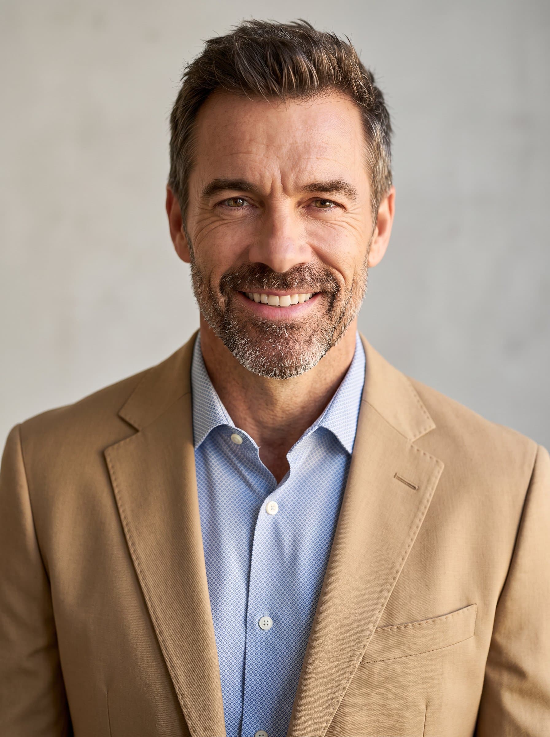 : Design a headshot with a faculty member wearing a tan blazer over a patterned shirt. A subtle light gray background with warm lighting highlights their academic confidence and inviting smile.