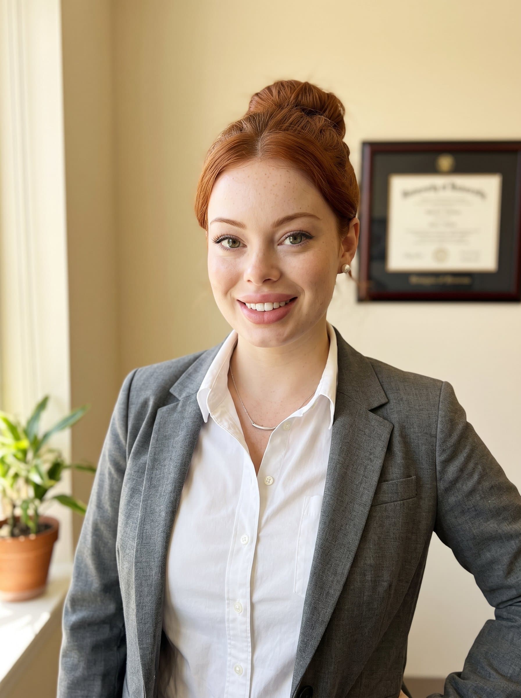 : Create a university faculty headshot featuring an woman in a classic white button-down, standing against a neutral cream background. Warm lighting enhances their welcoming and assured academic presence.