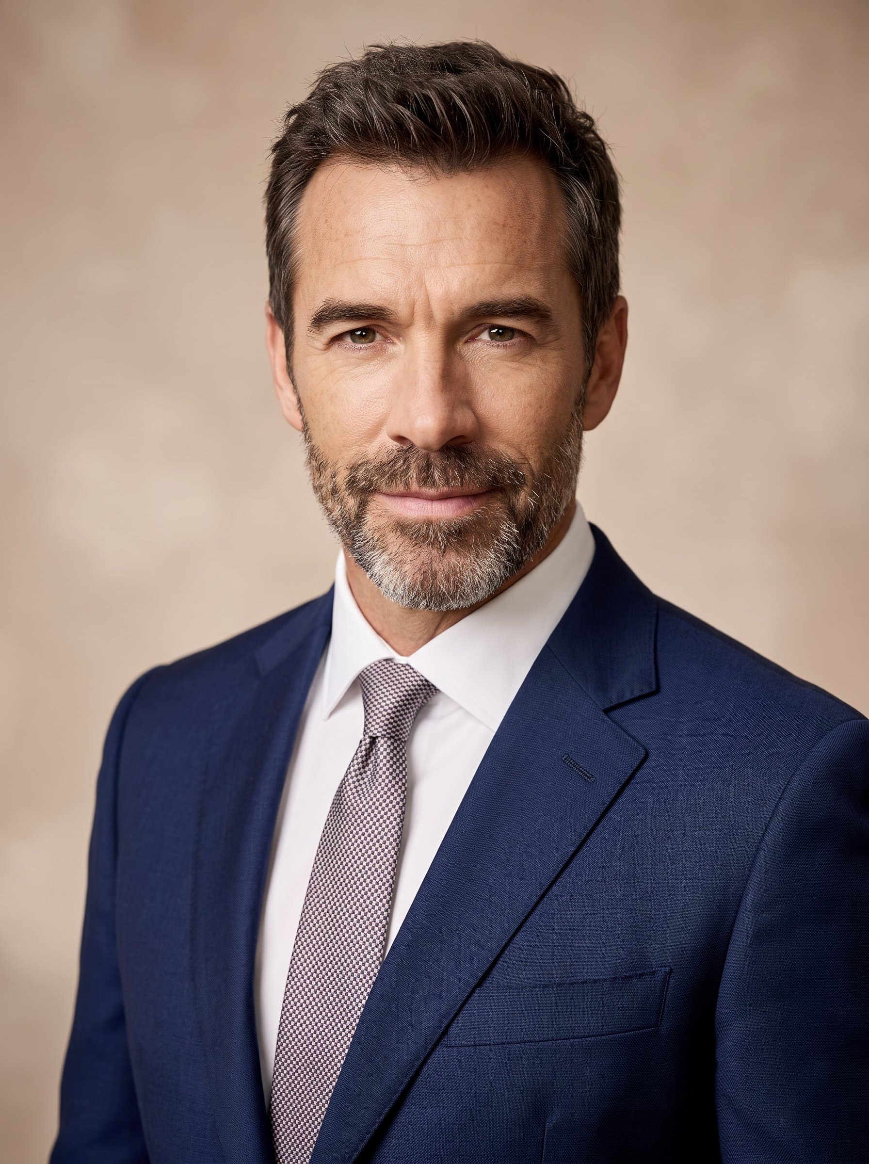 : Render a headshot featuring a faculty member in a tailored blue suit, posing against an elegant beige backdrop. Lighting is warm and subtle, perfect for highlighting a confident academic persona.