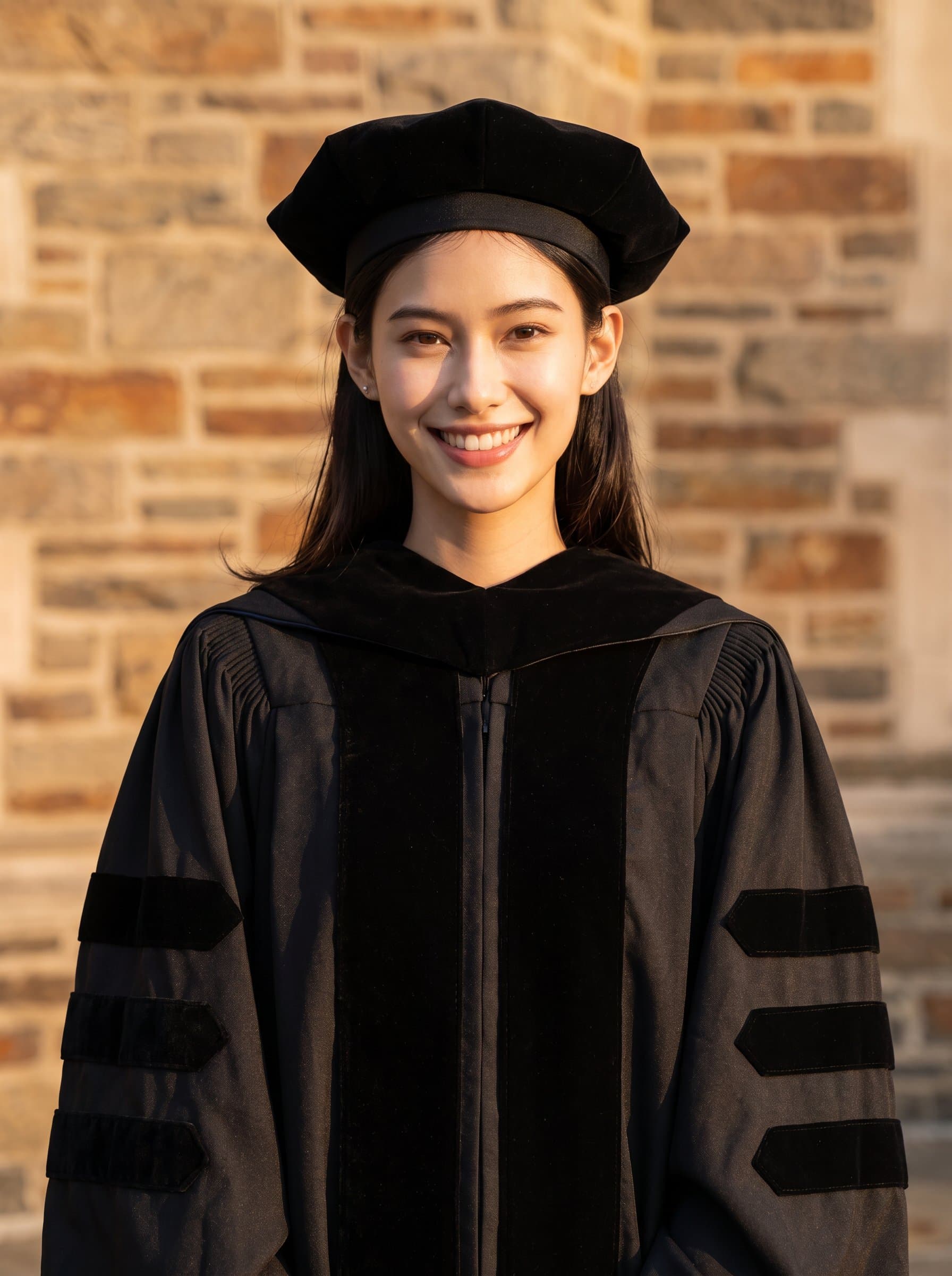 : Generate a faculty headshot with a woman in a traditional academic robe, set against a neutral stone backdrop. Warm lighting accentuates their confident and approachable expression.