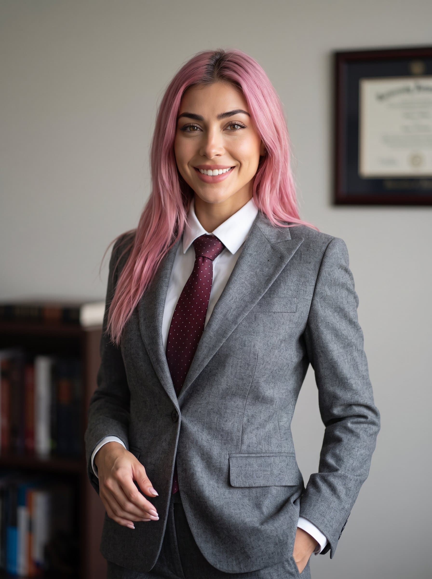 : Construct a faculty headshot with a professor in a sophisticated grey suit and tie, posing with a confident smile against a calm, neutral background with soft, inviting lighting.