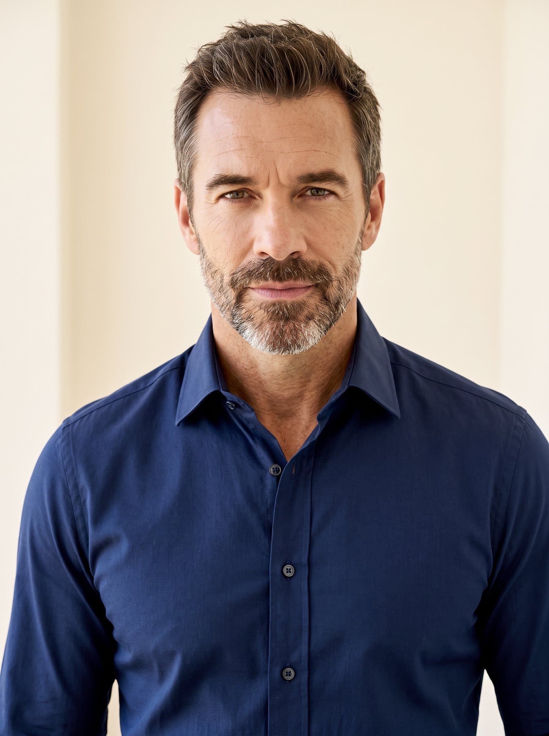 : Create a headshot capturing a faculty member in a smart, navy blue dress shirt. Background is a warm ivory, with gentle light emphasizing a confident, academic presence suitable for university profiles.