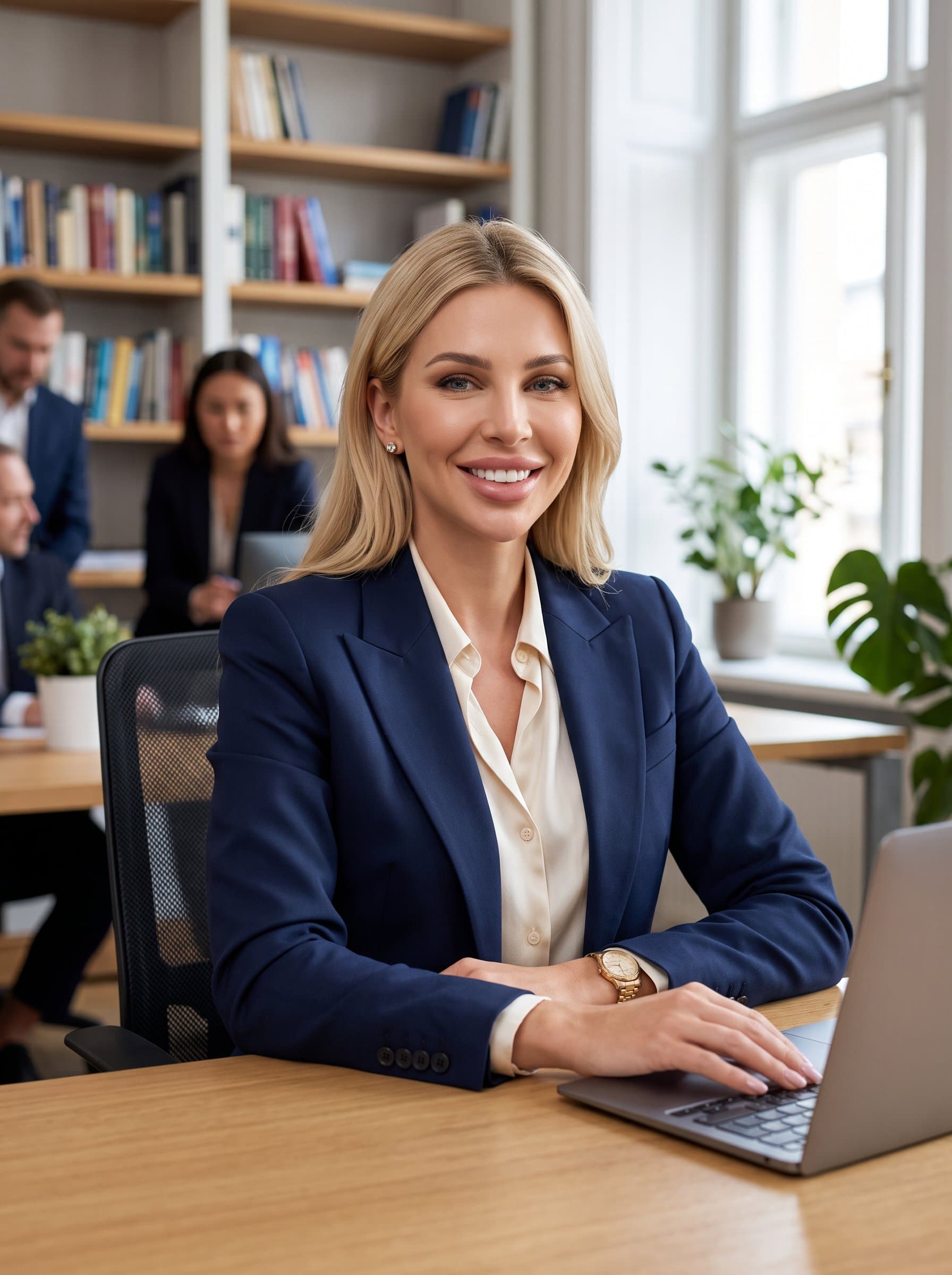 : A professional woman sits confidently at a desk with a laptop, wearing a tailored suit jacket. The office backdrop includes bookshelves, and their warm smile conveys reliability and approachability.