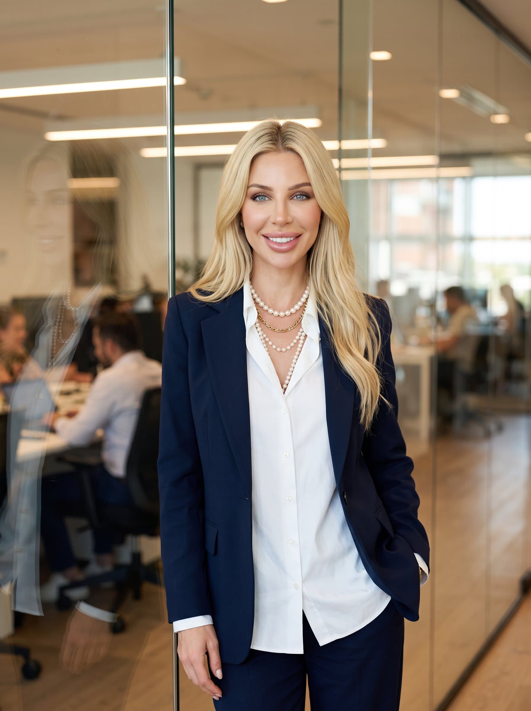 : Standing near a glass office partition, an woman in a neatly pressed blazer and shirt looks confidently into the camera. Their relaxed posture and welcoming smile signal professionalism.