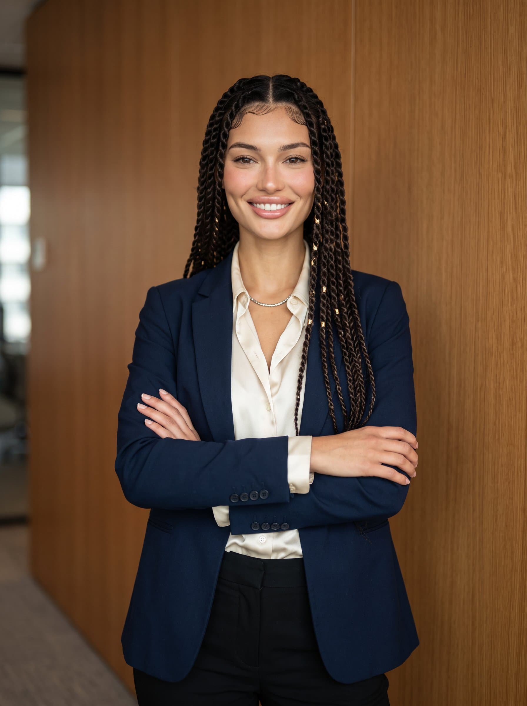 : A sophisticated woman stands against a paneled office wall, donning a sleek business-casual outfit. Their warm expression and direct eye contact exude competence and a welcoming nature.