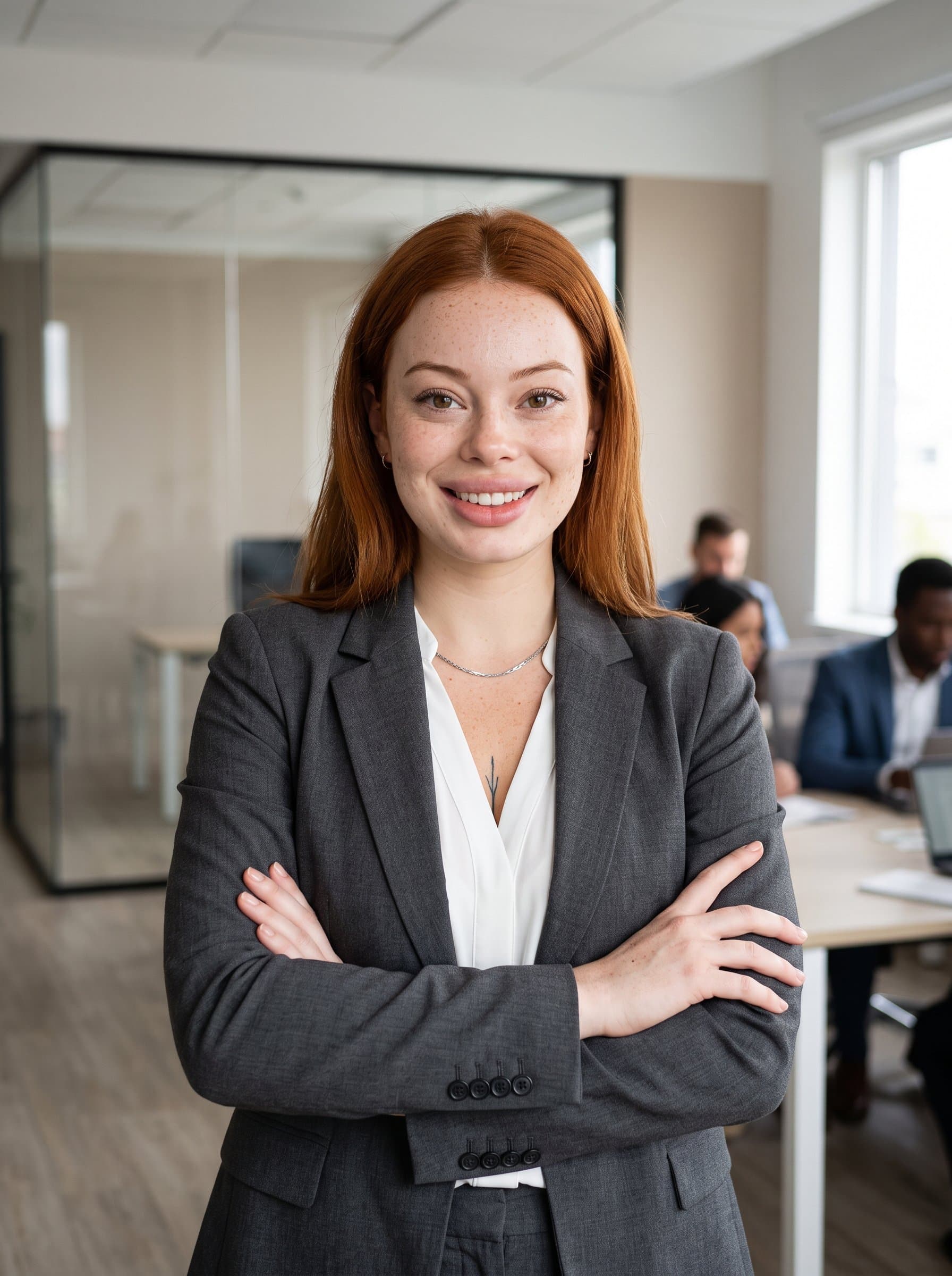 : With arms crossed, an woman in a modern office setting exudes confidence. Their tailored blazer and friendly smile, set against neutral colors, highlight their readiness for the business world.
