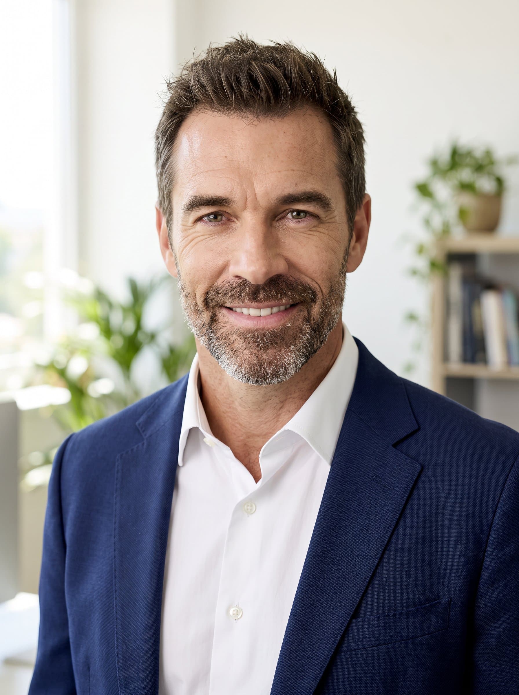 : In a bright office setting, an man in a crisp white shirt and blazer poses with a friendly, direct gaze. The neutral background and subtle lighting enhance their confident, professional demeanor.