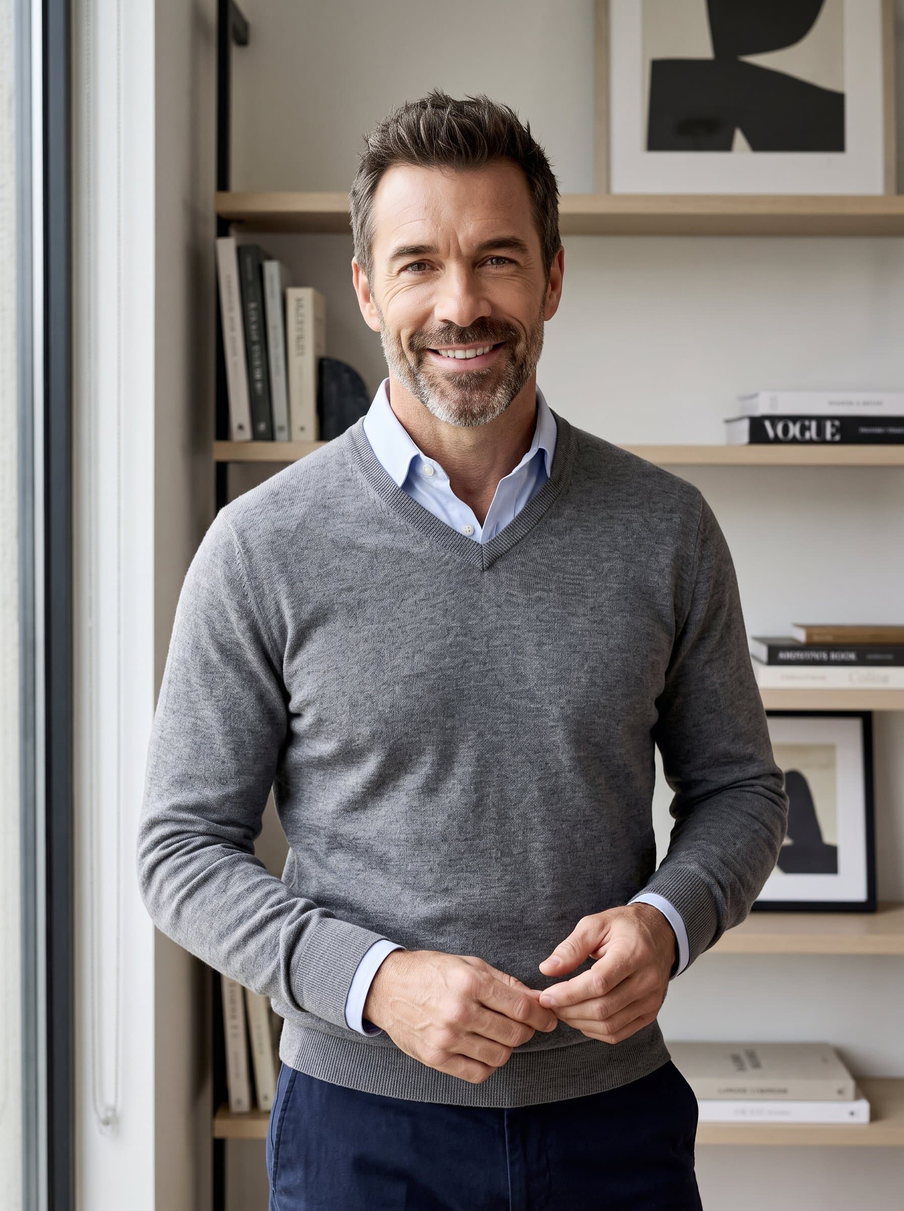 : An man in a business-casual sweater and collared shirt poses in front of a minimalist office bookshelf. Their direct eye contact and inviting smile reflect a professional yet approachable persona.