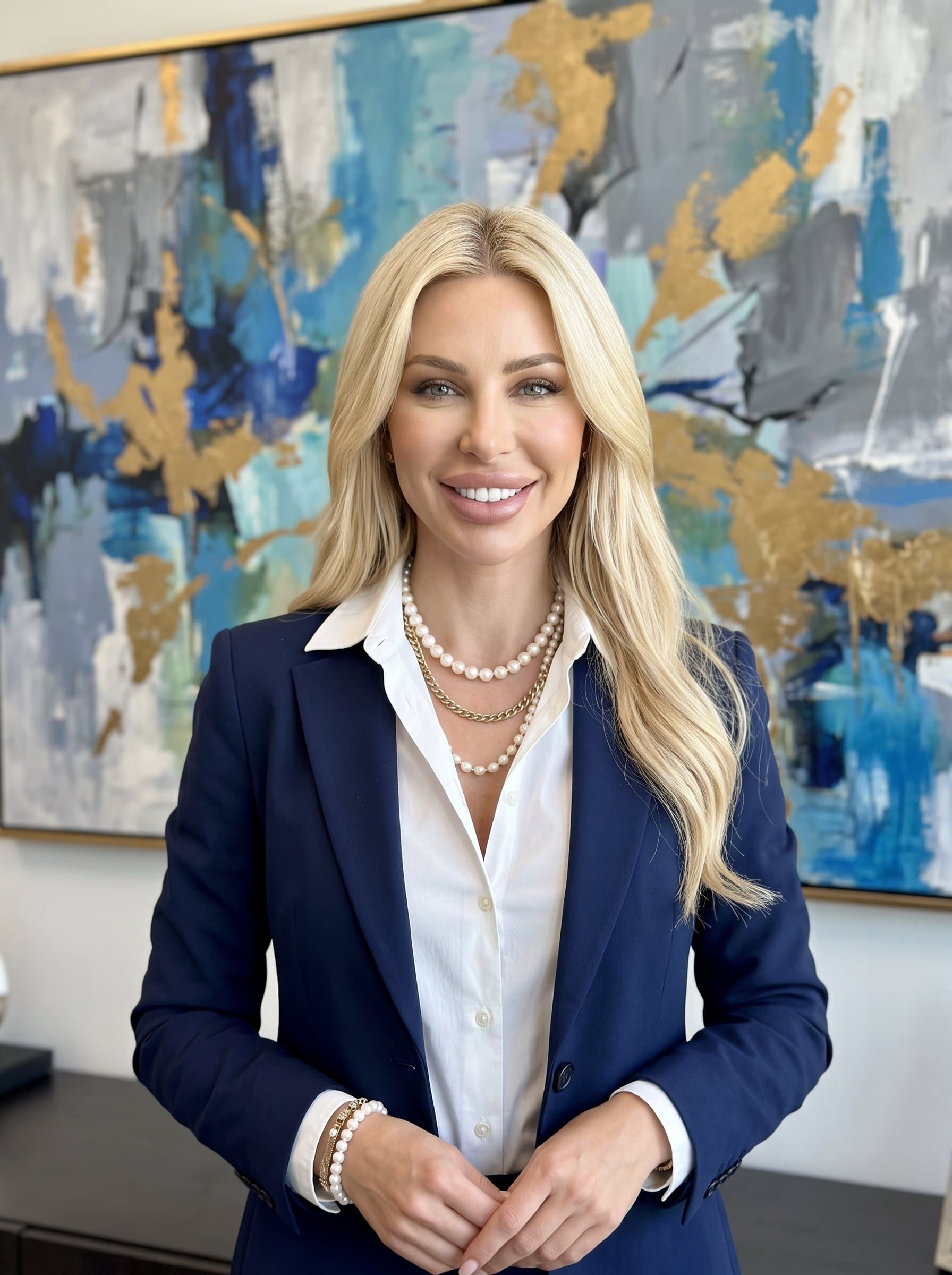 : Against an abstract art office wall, an woman in a tailored blazer and open collar shirt projects confidence. Their engaging smile and strong eye contact emphasize professionalism.