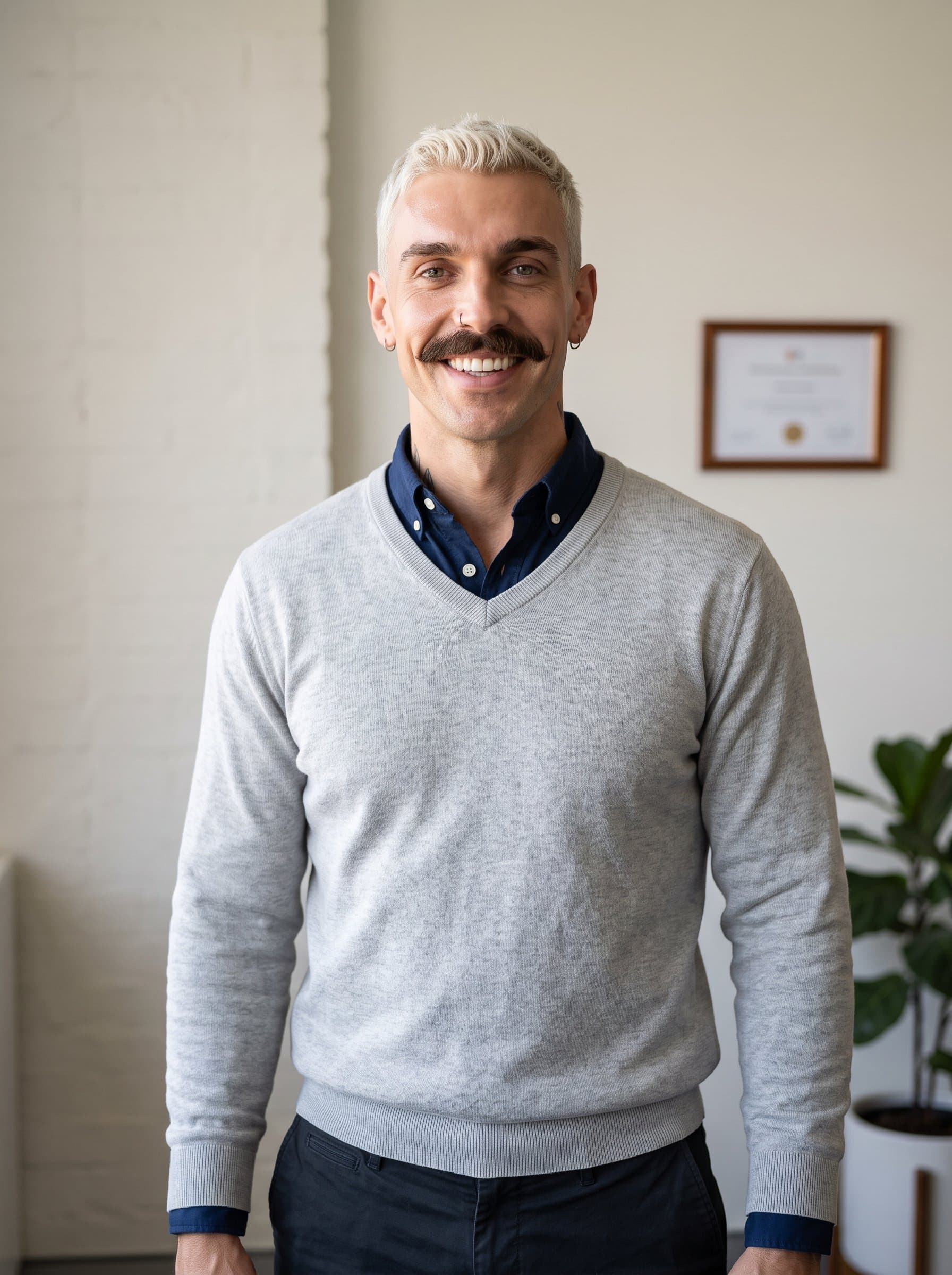 : With a neutral office wall in the background, an man smiles openly while wearing a business-casual top. The subtle lighting emphasizes their approachable, competent professional appearance.