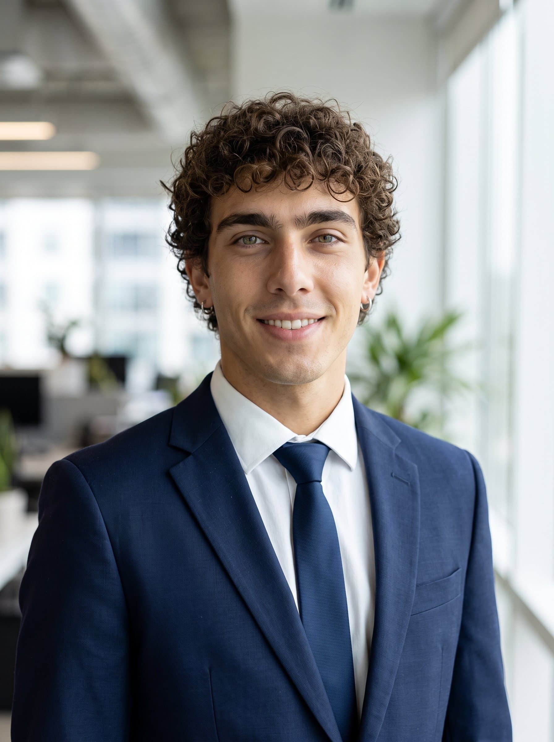 : A headshot in an office environment features an man with a slight smile, dressed in business attire. The soft lighting and blurred background create a polished, professional appearance.