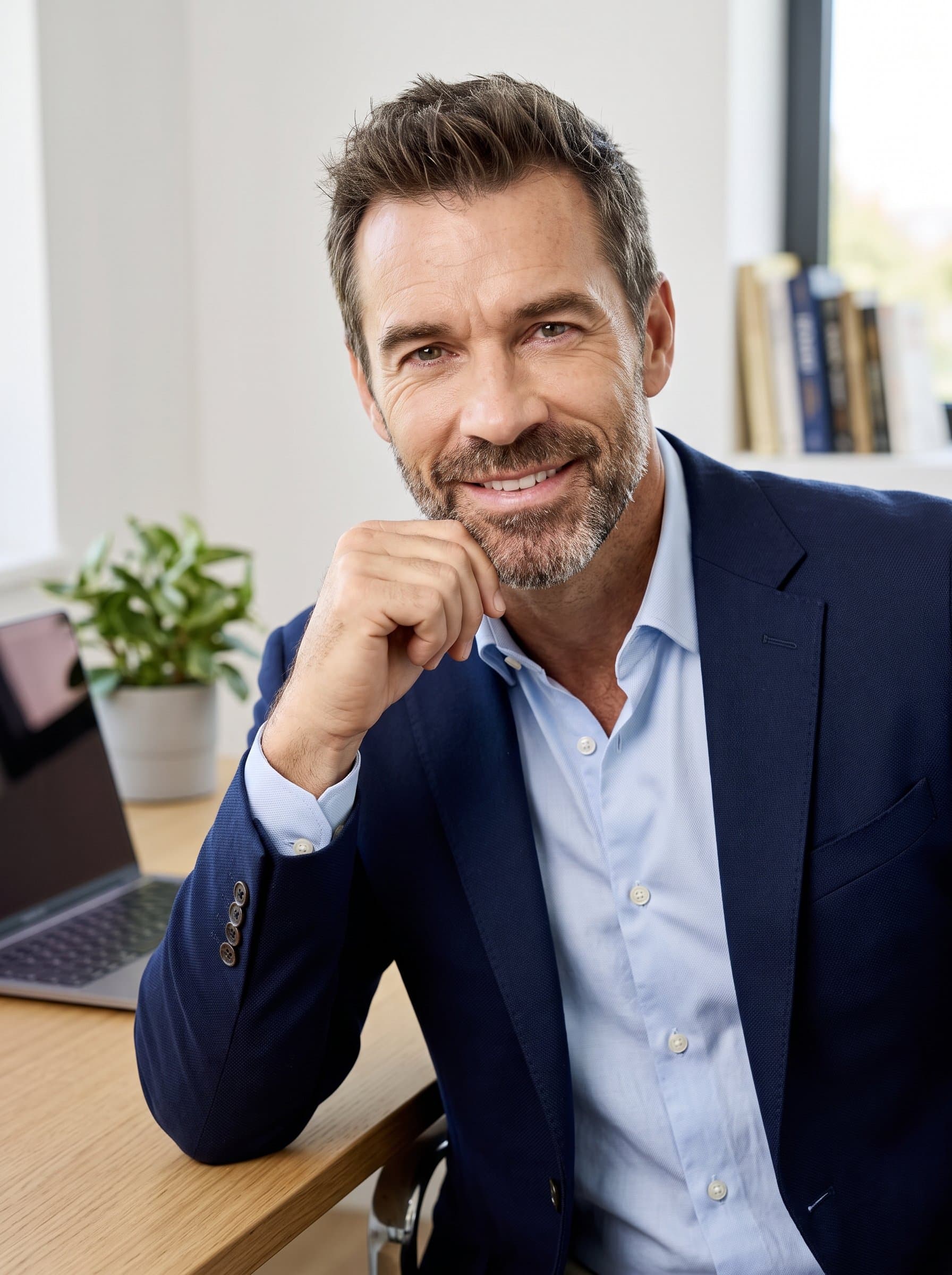: An man rests an elbow on a desk, offering a warm smile. Dressed in a semi-formal outfit, the office setting and eye contact present a reliable and approachable LinkedIn profile image.