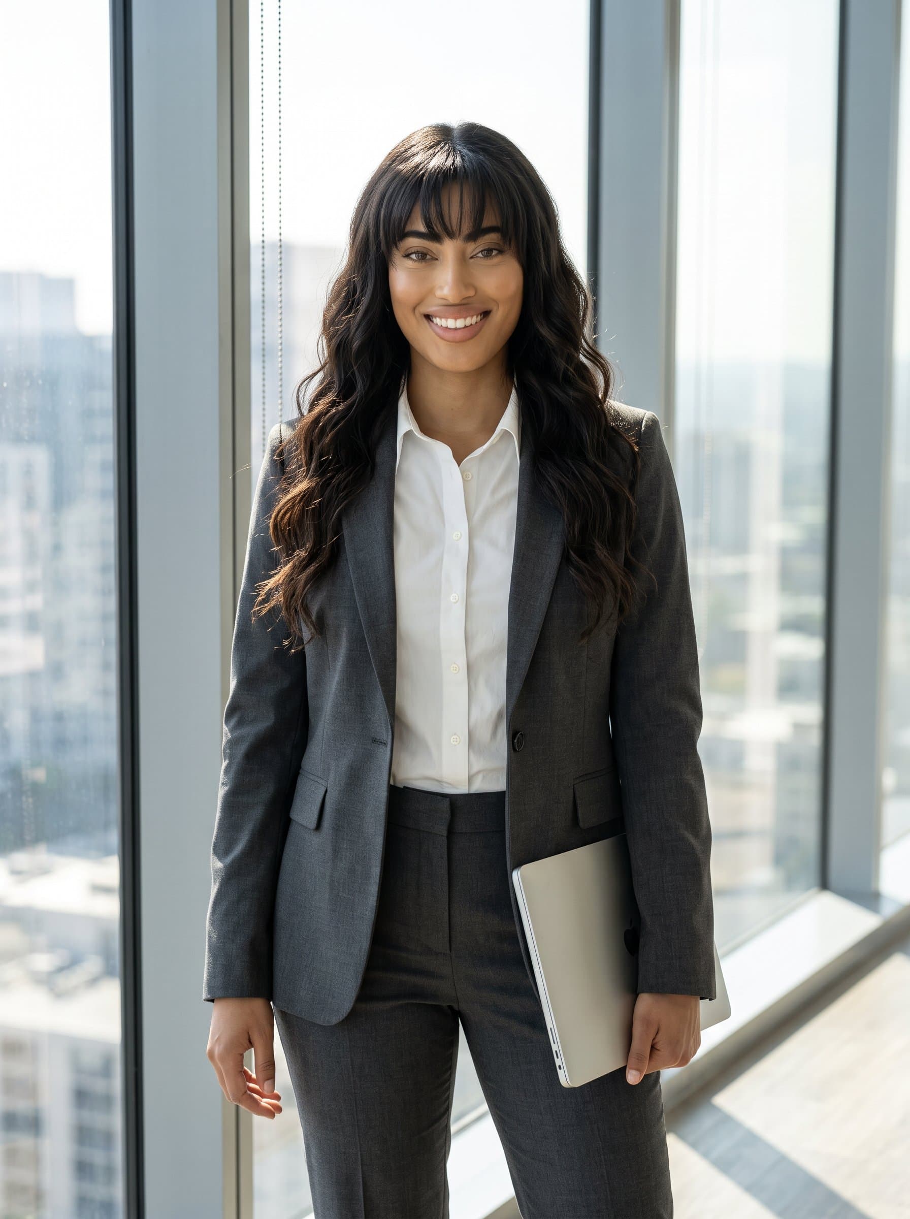 : A professional woman poses with a laptop in hand, wearing a sharp suit. The office window background provides natural lighting, highlighting their confident and relatable expression.