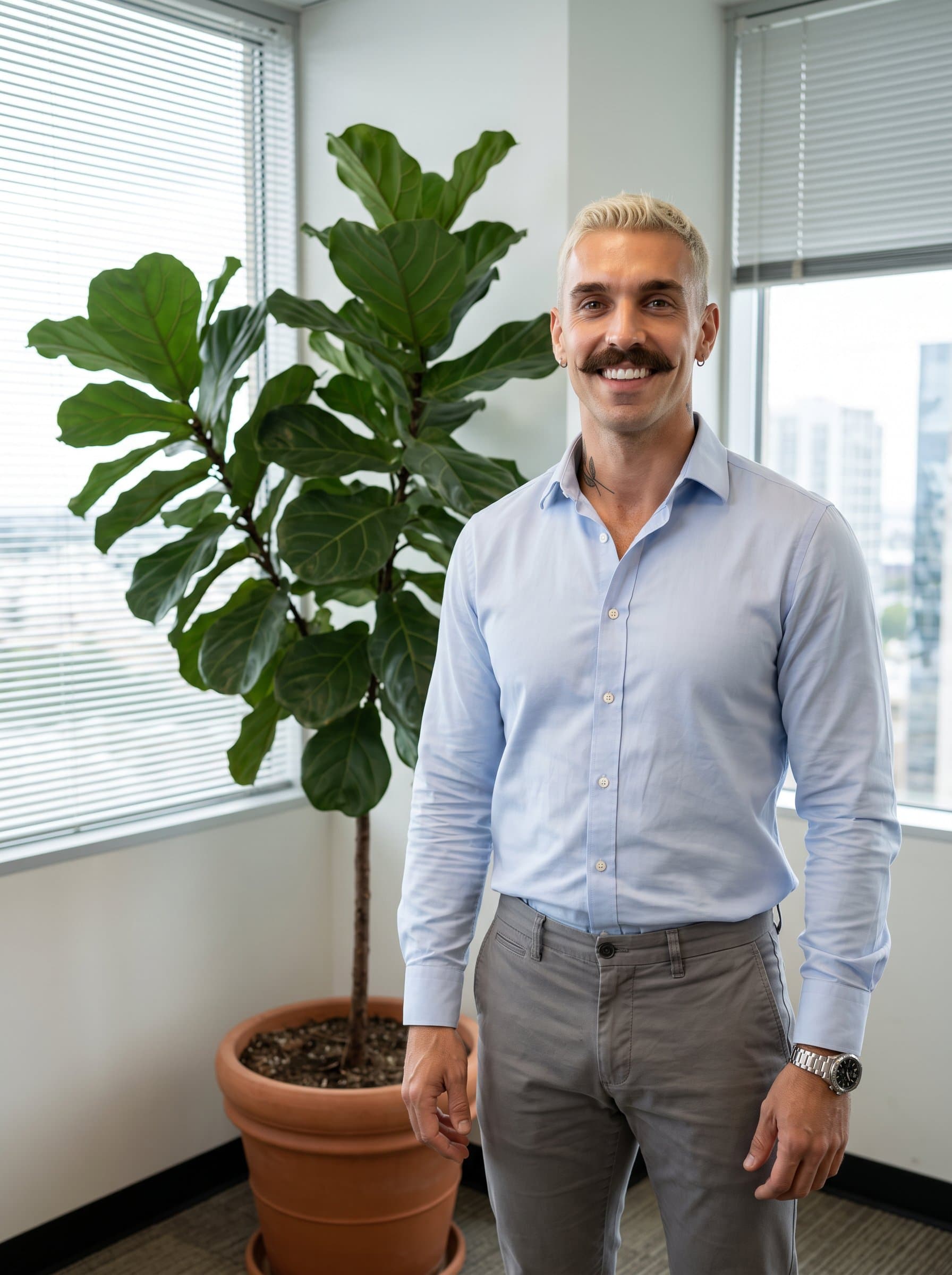 : In an office corner with a potted plant, an man in business-casual attire smiles gently at the camera. Their reassuring expression and direct gaze emphasize competence and approachability.