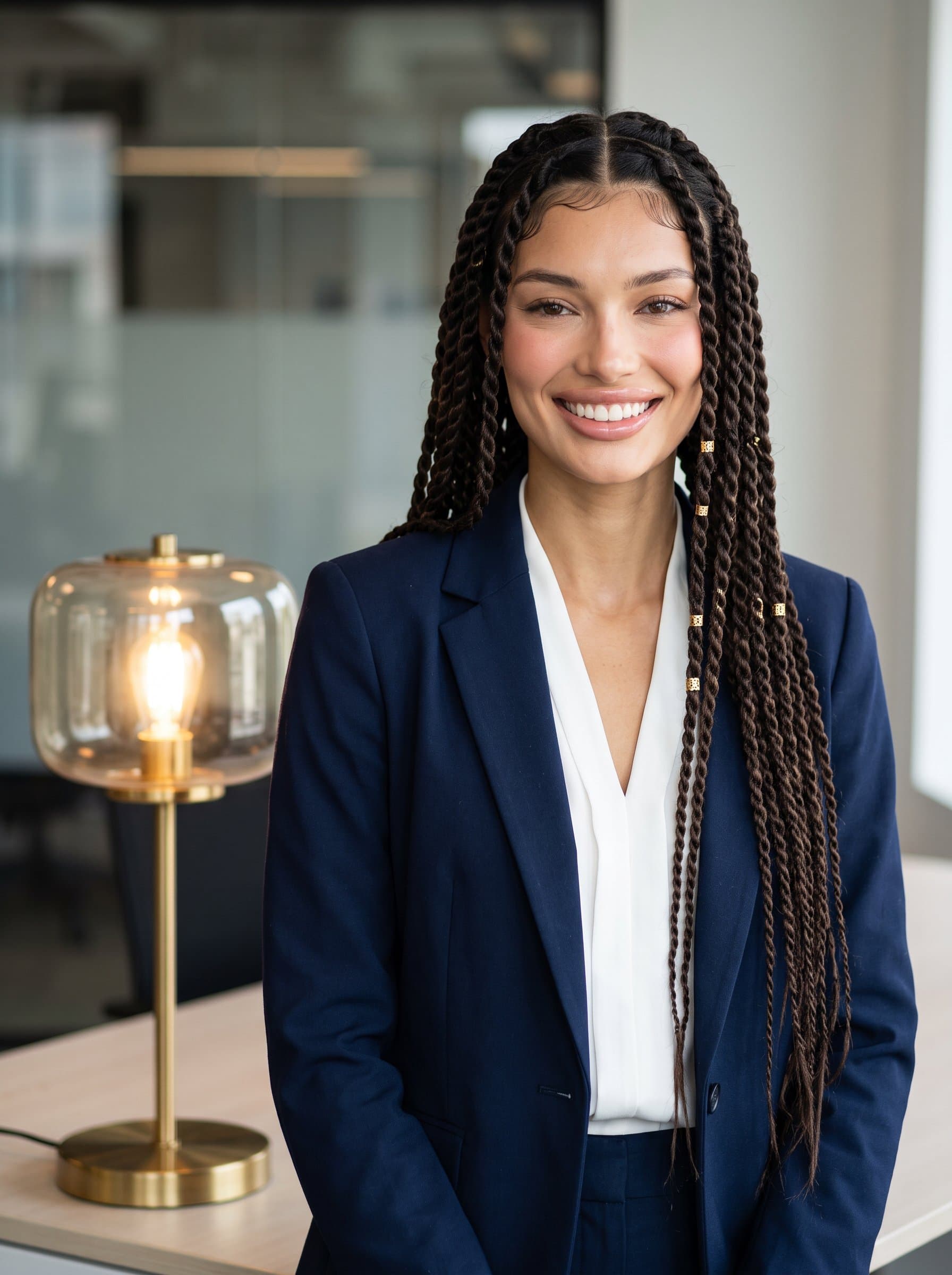 : A headshot captures an woman standing near a stylish office lamp, exuding professionalism. Their business attire and friendly demeanor create an impactful, inviting presence.