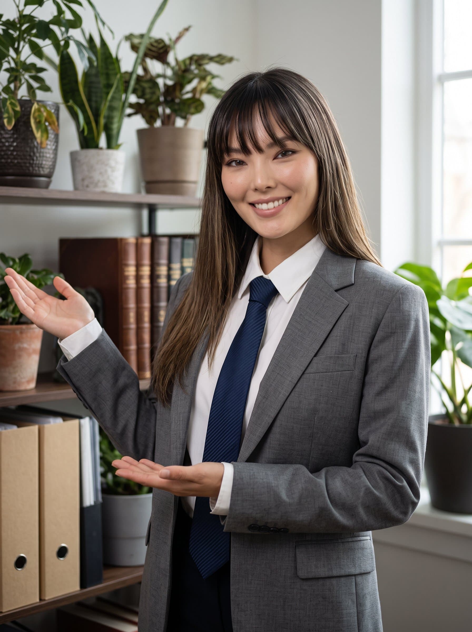 : Against a backdrop of office plants and books, an woman in a formal shirt and tie presents a confident, approachable demeanor. Their warm eyes and slight smile inspire trust.