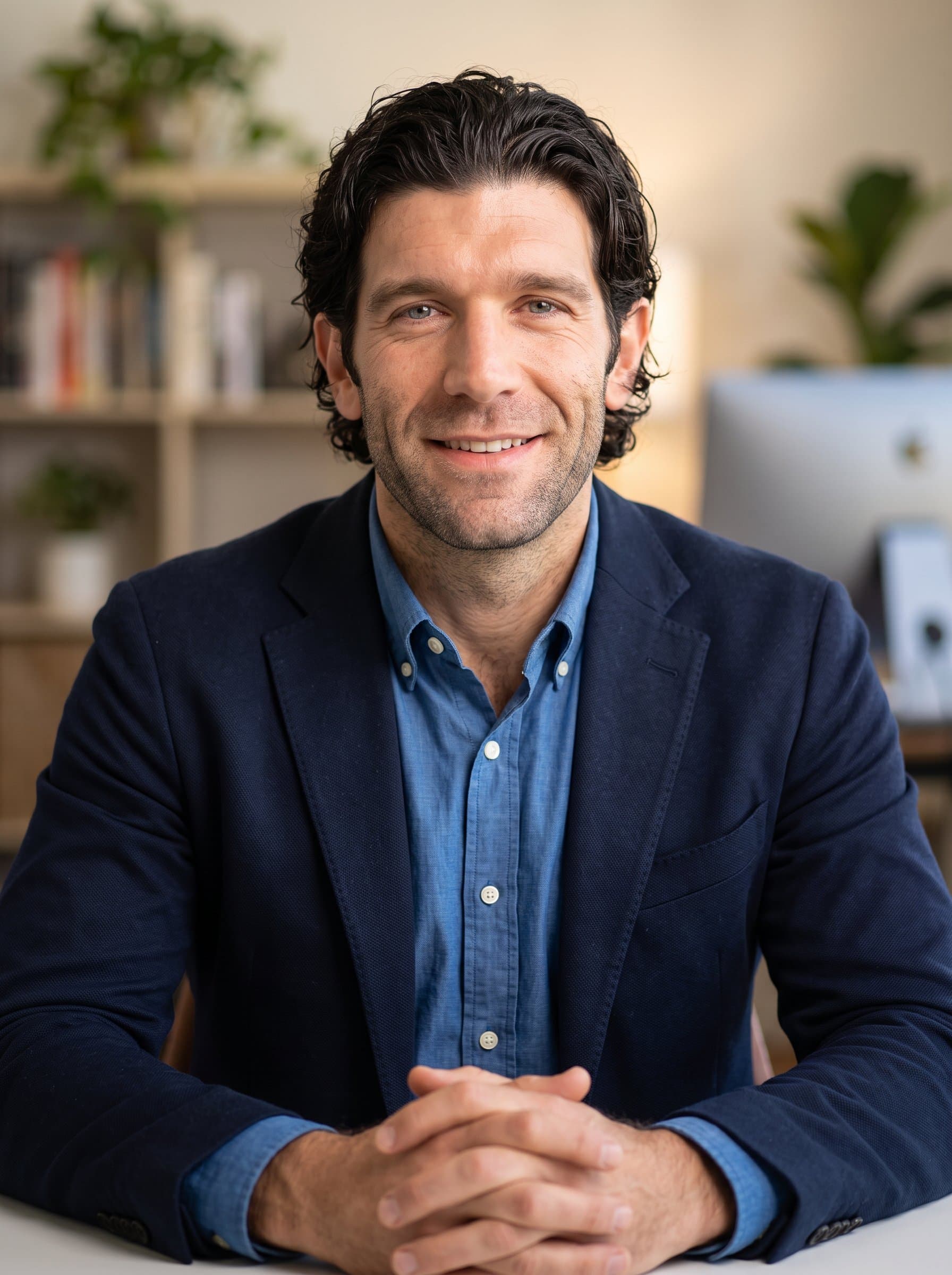 : A sitting man, hands clasped, exhibits a relaxed confidence. Dressed in a business-casual attire, the neutral office backdrop and gentle smile ensure a polished and inviting headshot for LinkedIn.