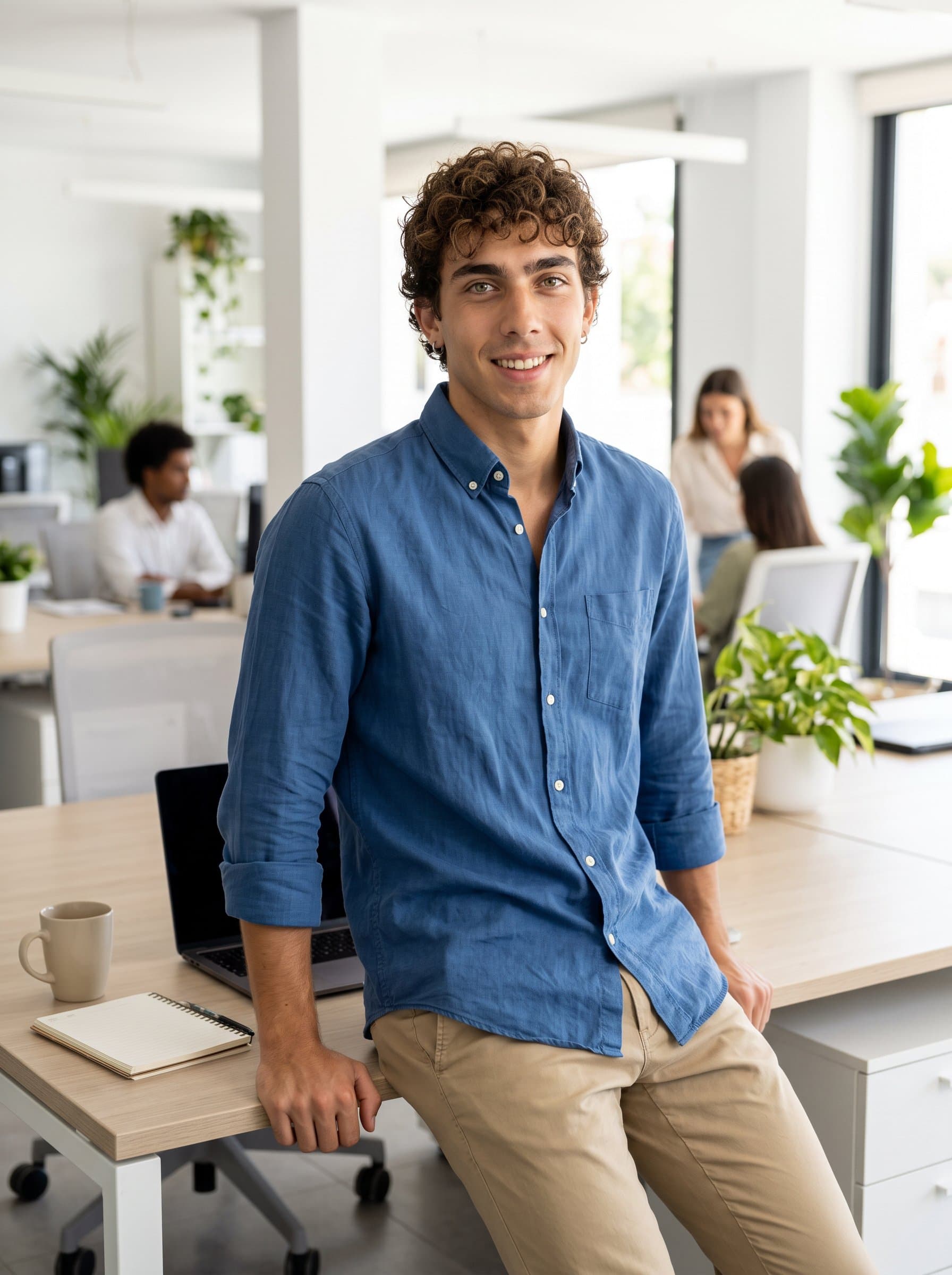 : An man leans casually against an office desk, smiling warmly. Their business-casual attire and direct eye contact create a professional yet friendly presence suitable for LinkedIn.