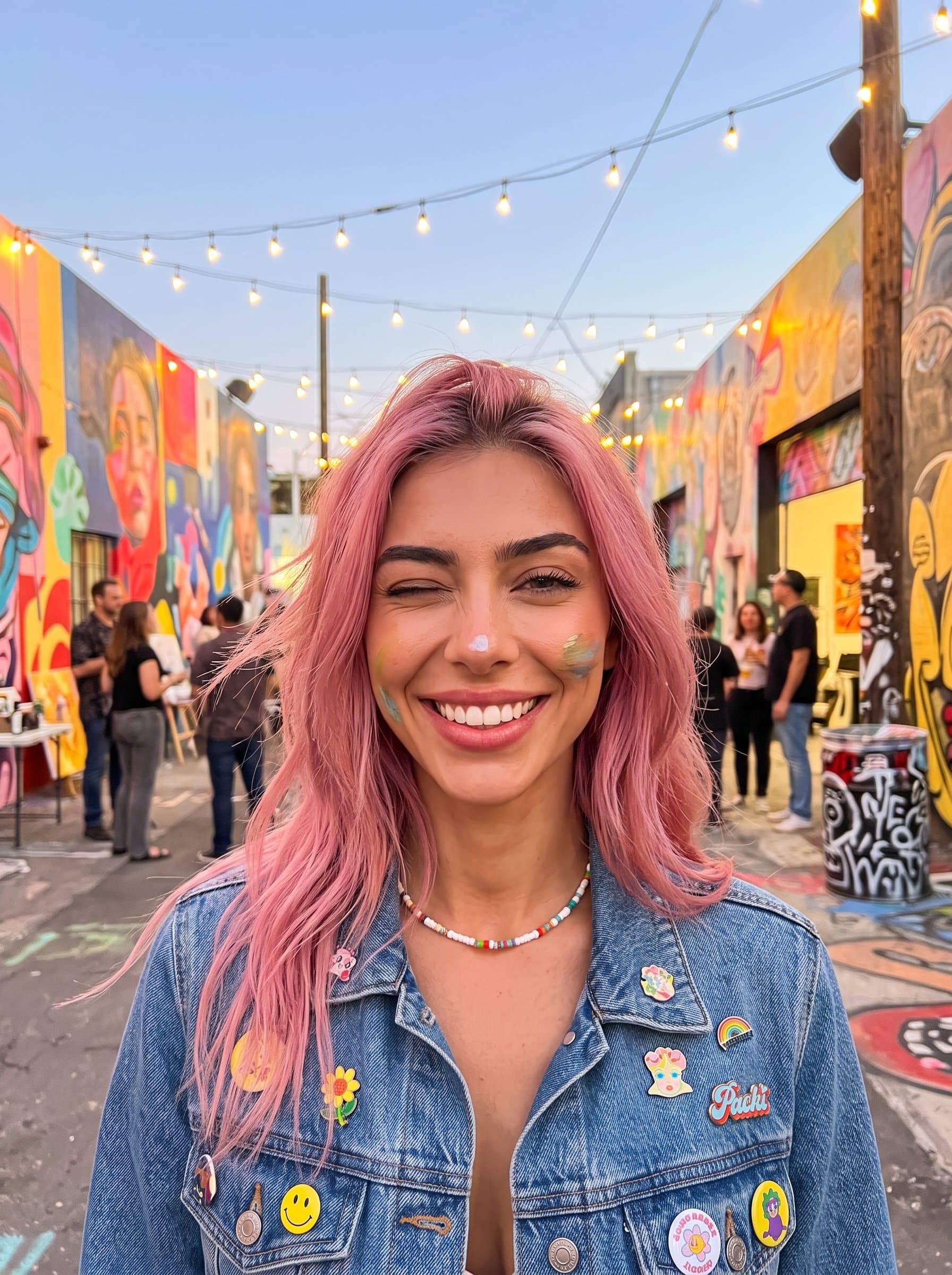 : Design a photorealistic headshot with a charming, quirky expression, set in a lively art district, capturing creativity and uniqueness for a standout Tinder profile picture.
