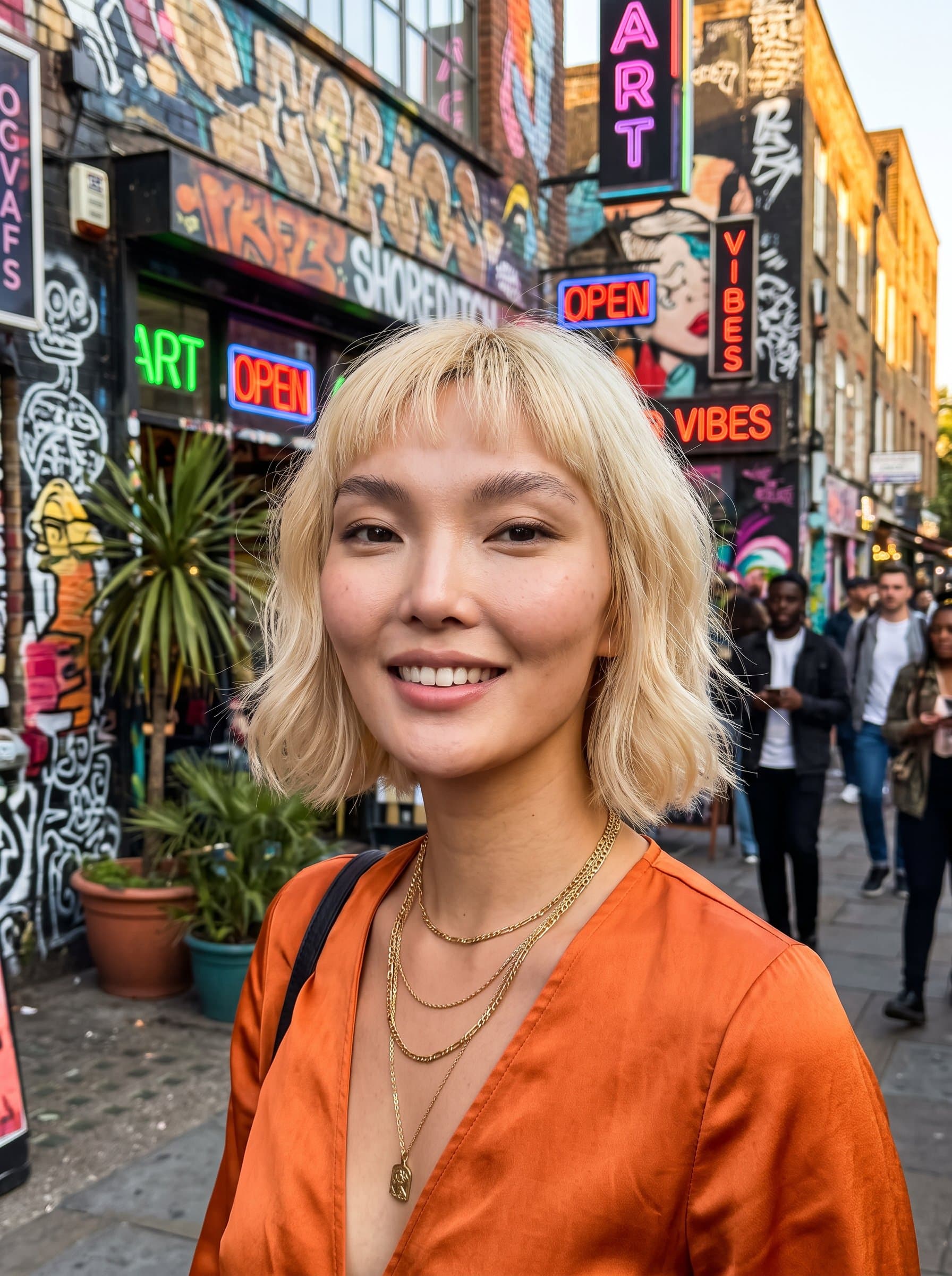 : Create a headshot in an eclectic, colorful urban environment, highlighting individuality and modern style, to craft an eye-catching and trendy Tinder profile picture.