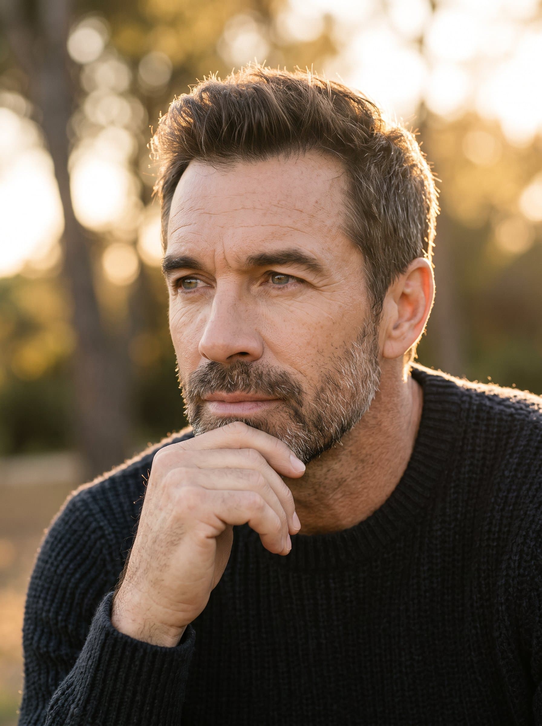: Capture a serene, contemplative headshot during golden hour, with gentle backlighting enhancing facial features, suitable for a thought-provoking Tinder profile image.