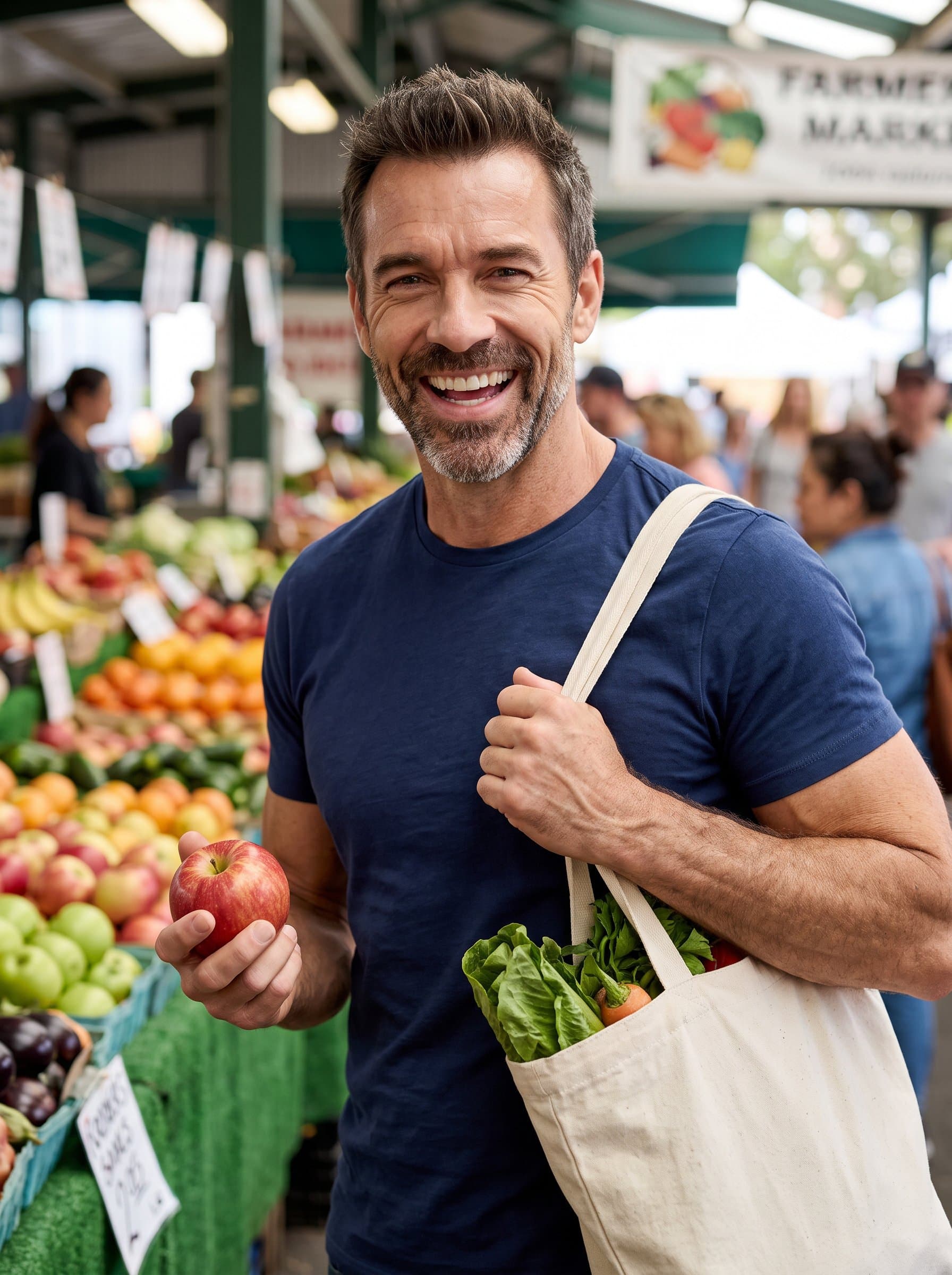 : Capture an engaging headshot at a lively farmers market, emphasizing a love for fresh experiences and fun, suitable for a vibrant Tinder profile.