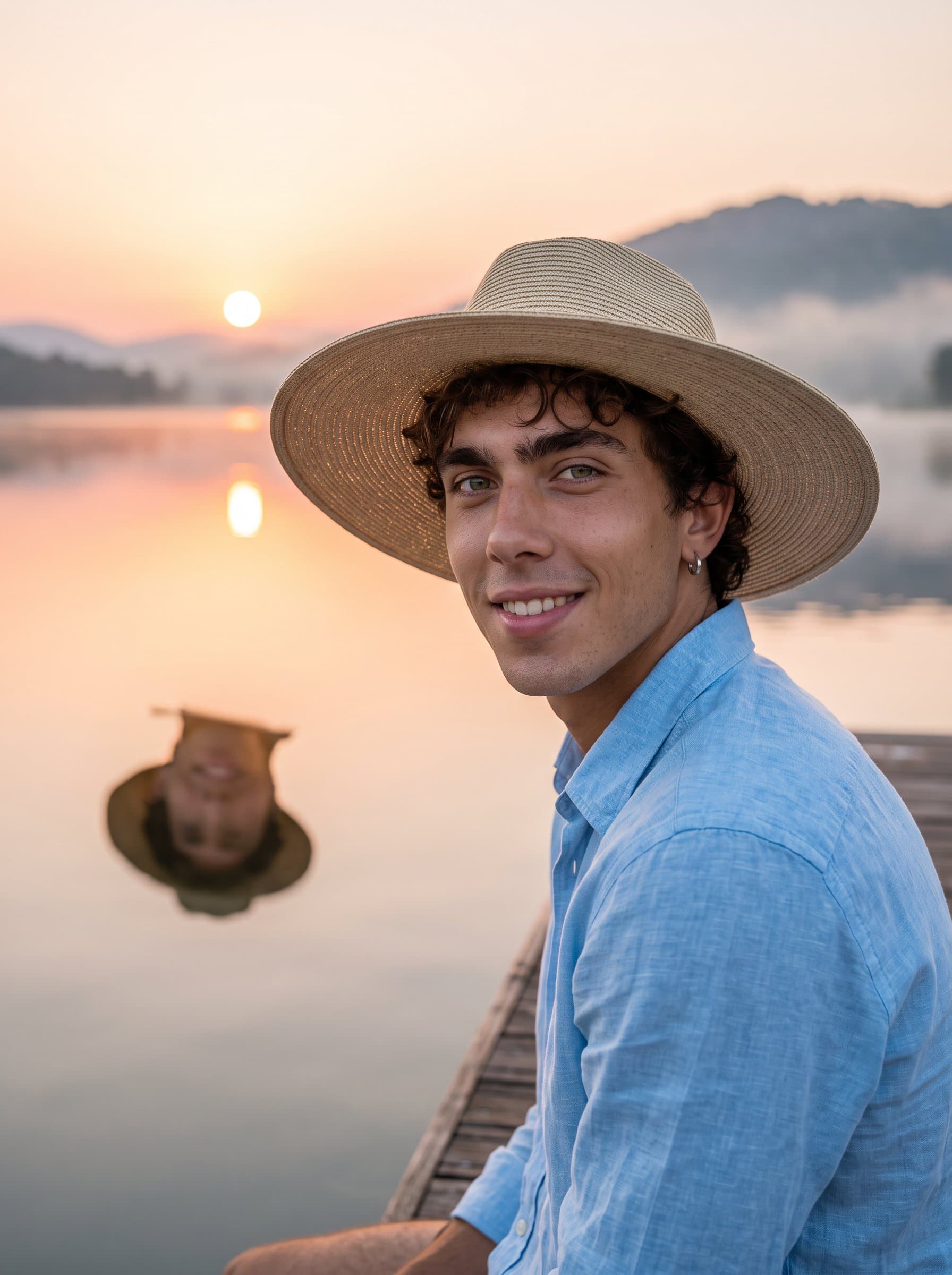 : Generate a calm and confident headshot at a lakeside during sunrise, capturing a reflection in the water for a serene and reflective Tinder profile aesthetic.