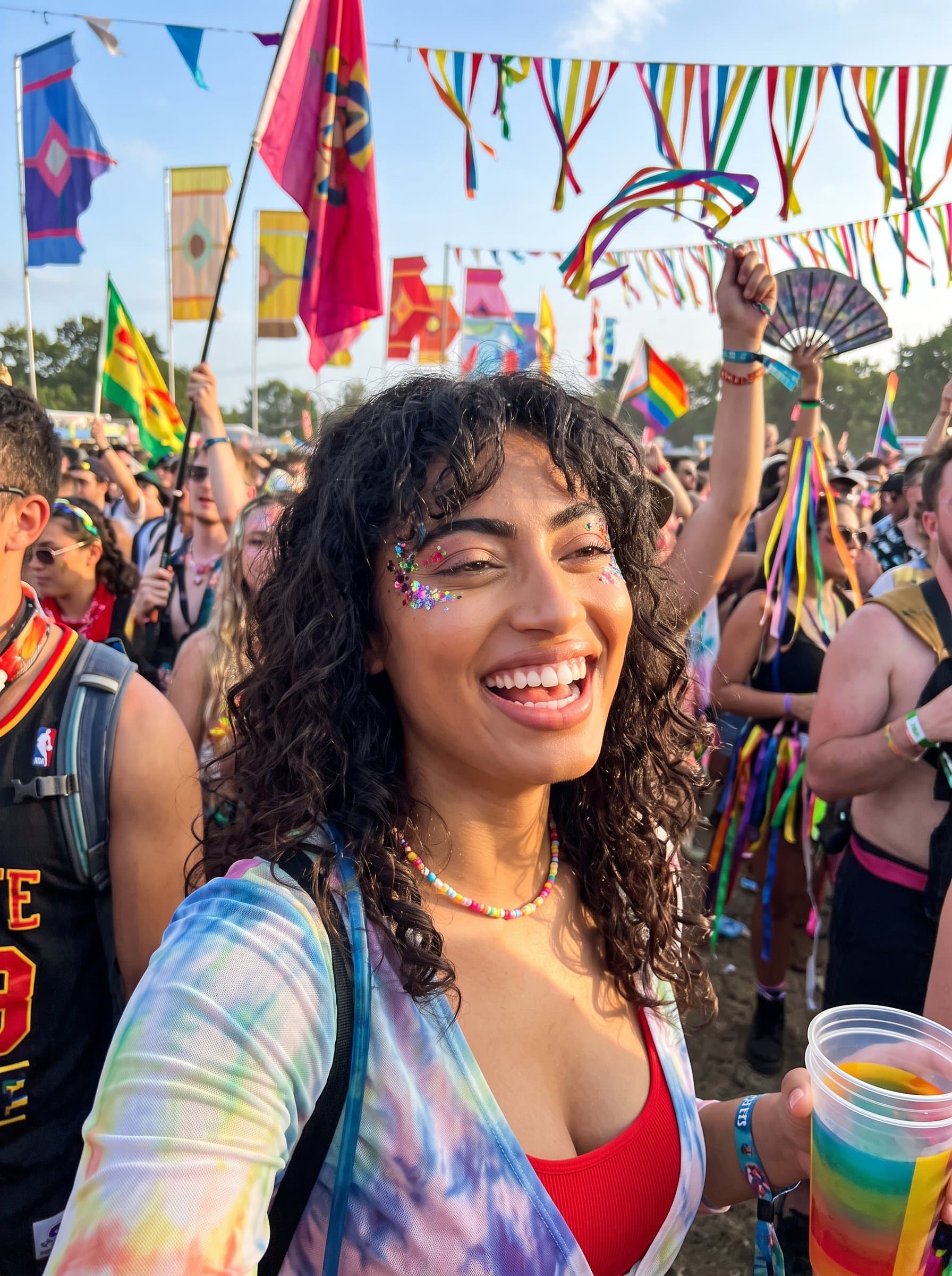 : Design a vibrant, festival-themed portrait with colorful decorations and lively expressions, capturing fun-loving energy for an exciting Tinder profile picture.