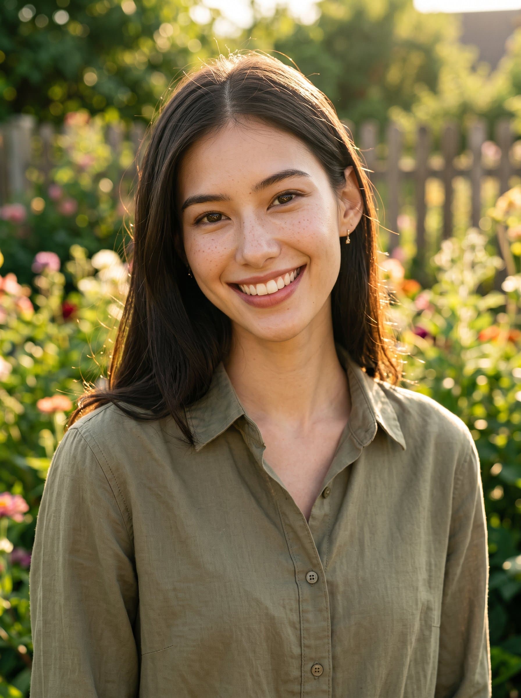 : Capture a photorealistic, sunlit portrait with a soft glow, highlighting natural features, set against a vibrant garden backdrop, to create an inviting and warm Tinder profile headshot.