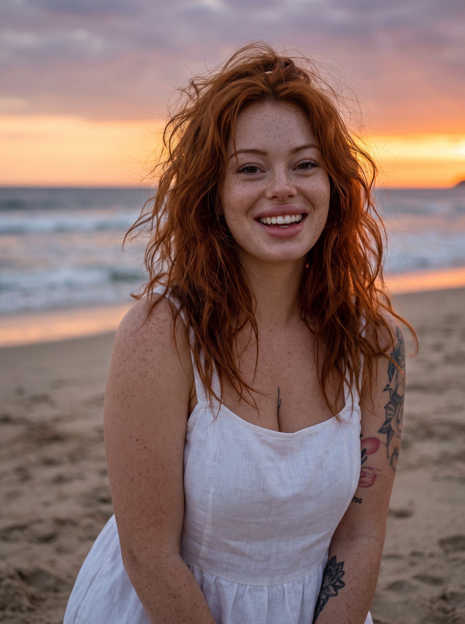 : Design a photorealistic beachside headshot at sunset, capturing an engaging smile and windswept hair, ideal for a relaxed and approachable Tinder profile aesthetic.