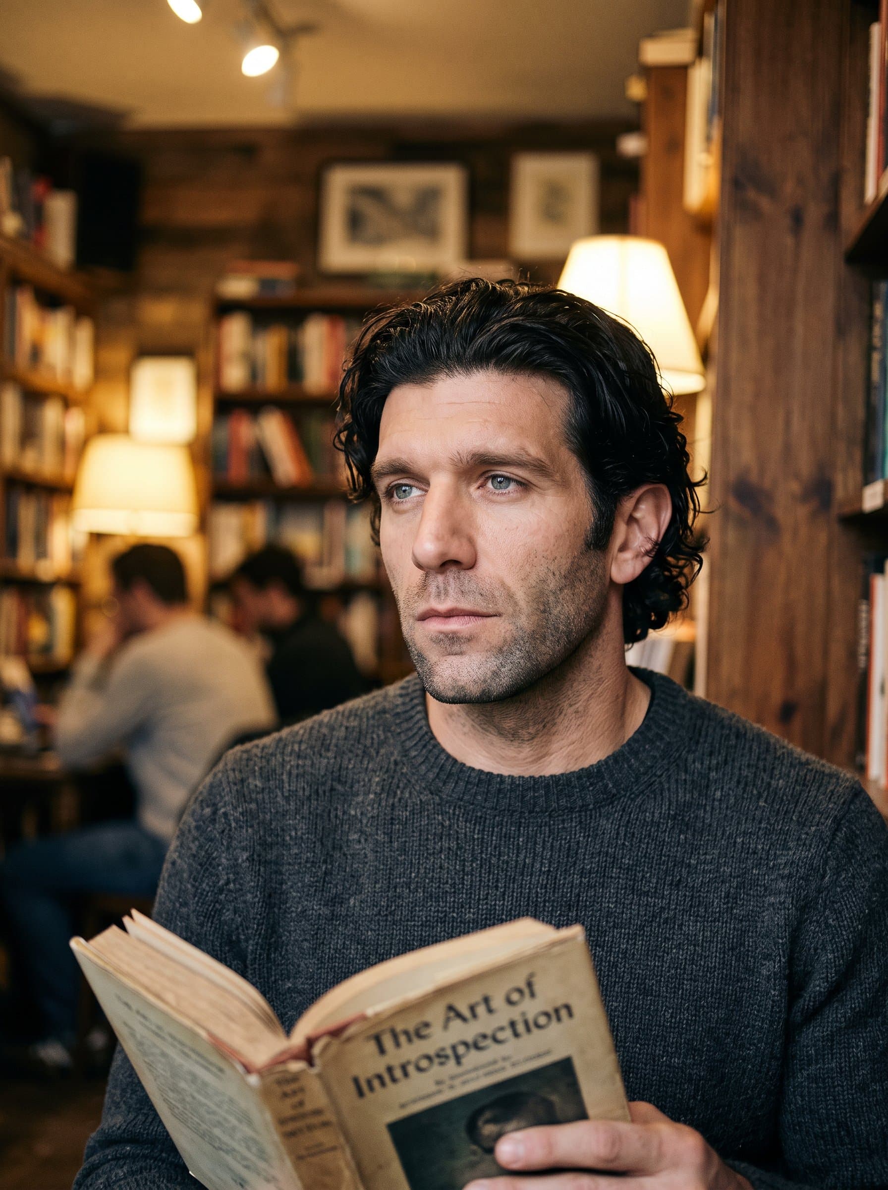 : Generate a headshot in a quaint bookstore with a dreamy, intellectual atmosphere, highlighting depth and introspection for an intriguing Tinder profile.